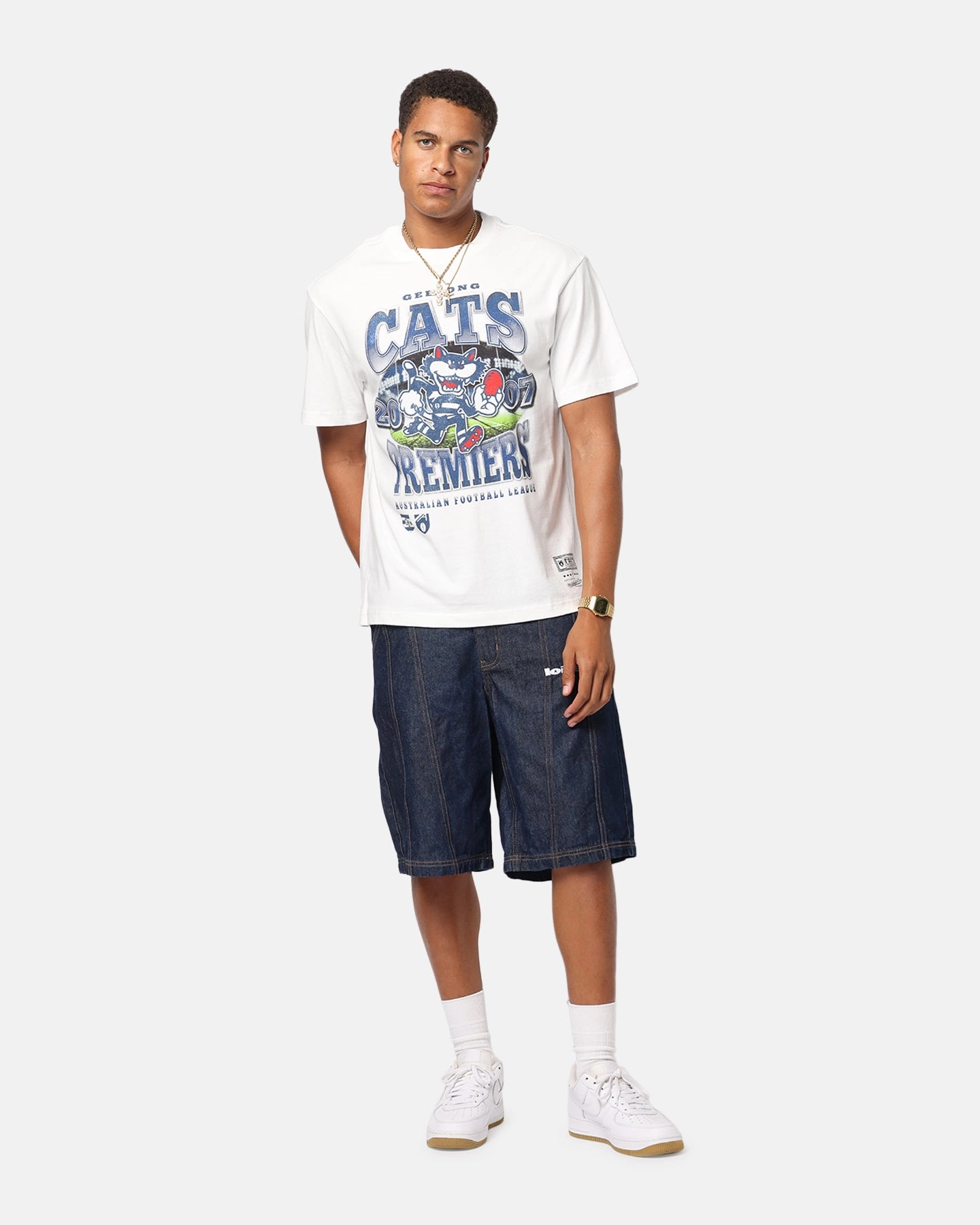 Mitchell & Ness Geelong Cats Mascot T-Shirt Vintage White Relaxed Outfit Active Trend