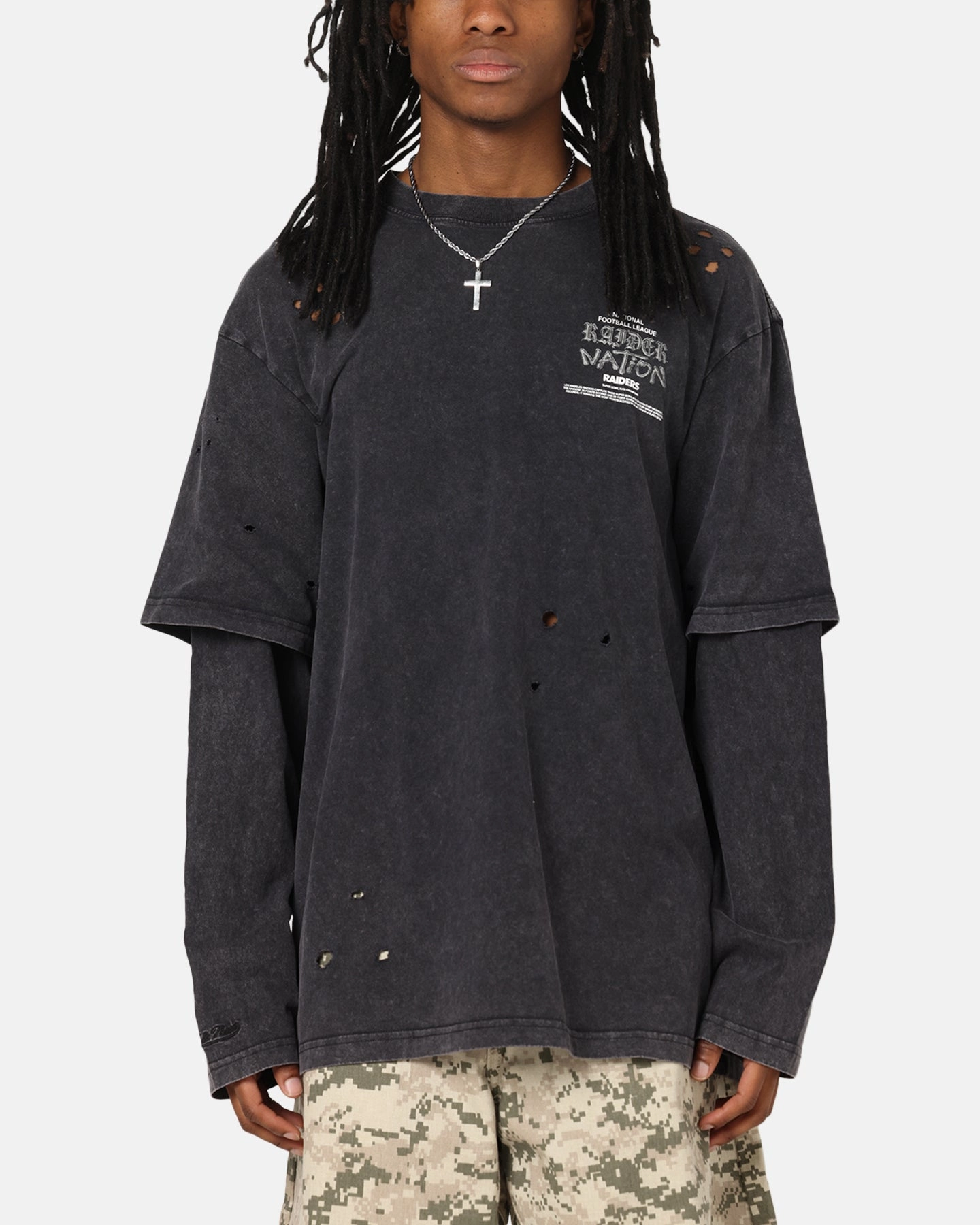 Mitchell & Ness Las Vegas Raiders Chromed Mock Long Sleeve T-Shirt Faded Black On-the-Go Comfort