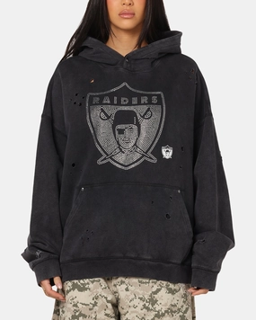 Mitchell & Ness Las Vegas Raiders Distressed Rhinestone Logo Hoodie Faded Black Tassel Details