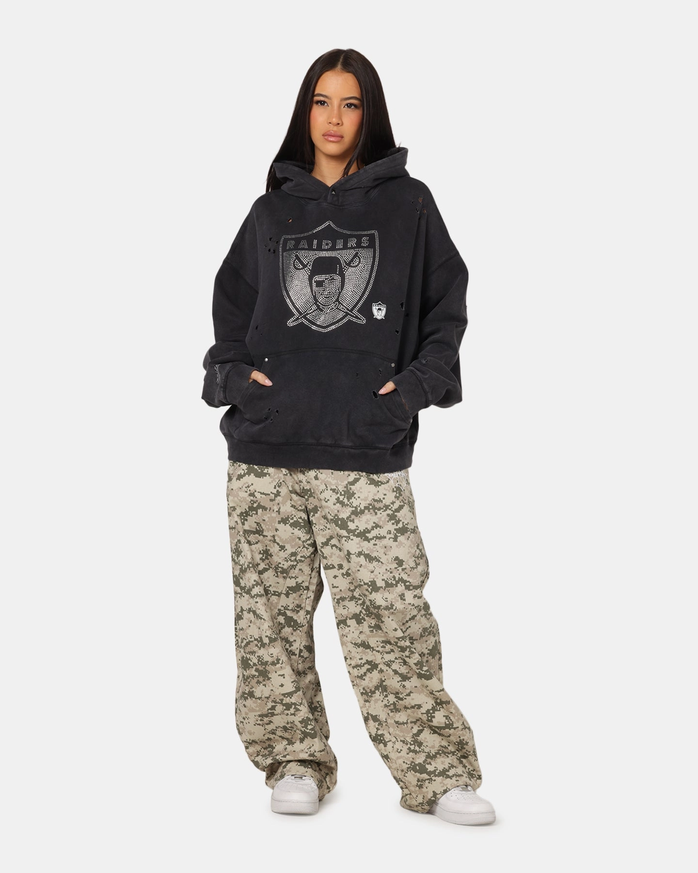 Seamless Shoulder Spring Layer Mitchell & Ness Las Vegas Raiders Distressed Rhinestone Logo Hoodie Faded Black