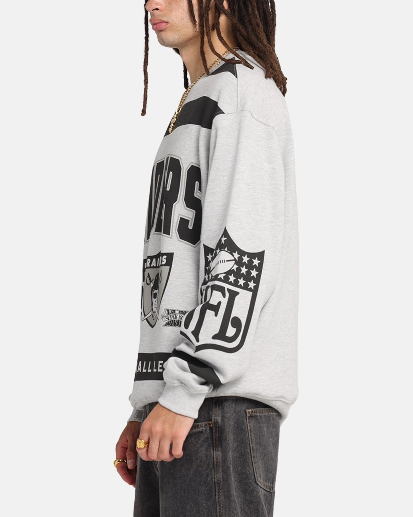 Chilly Day Layers Comfort Choice Mitchell & Ness Las Vegas Raiders Letterform Crewneck Grey Marle/Official Team Color