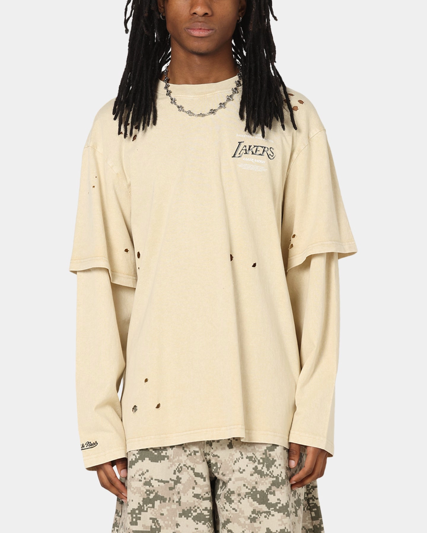 Mitchell & Ness Los Angeles Lakers Chromed Mock Long Sleeve T-Shirt Khaki Fashionable Layer