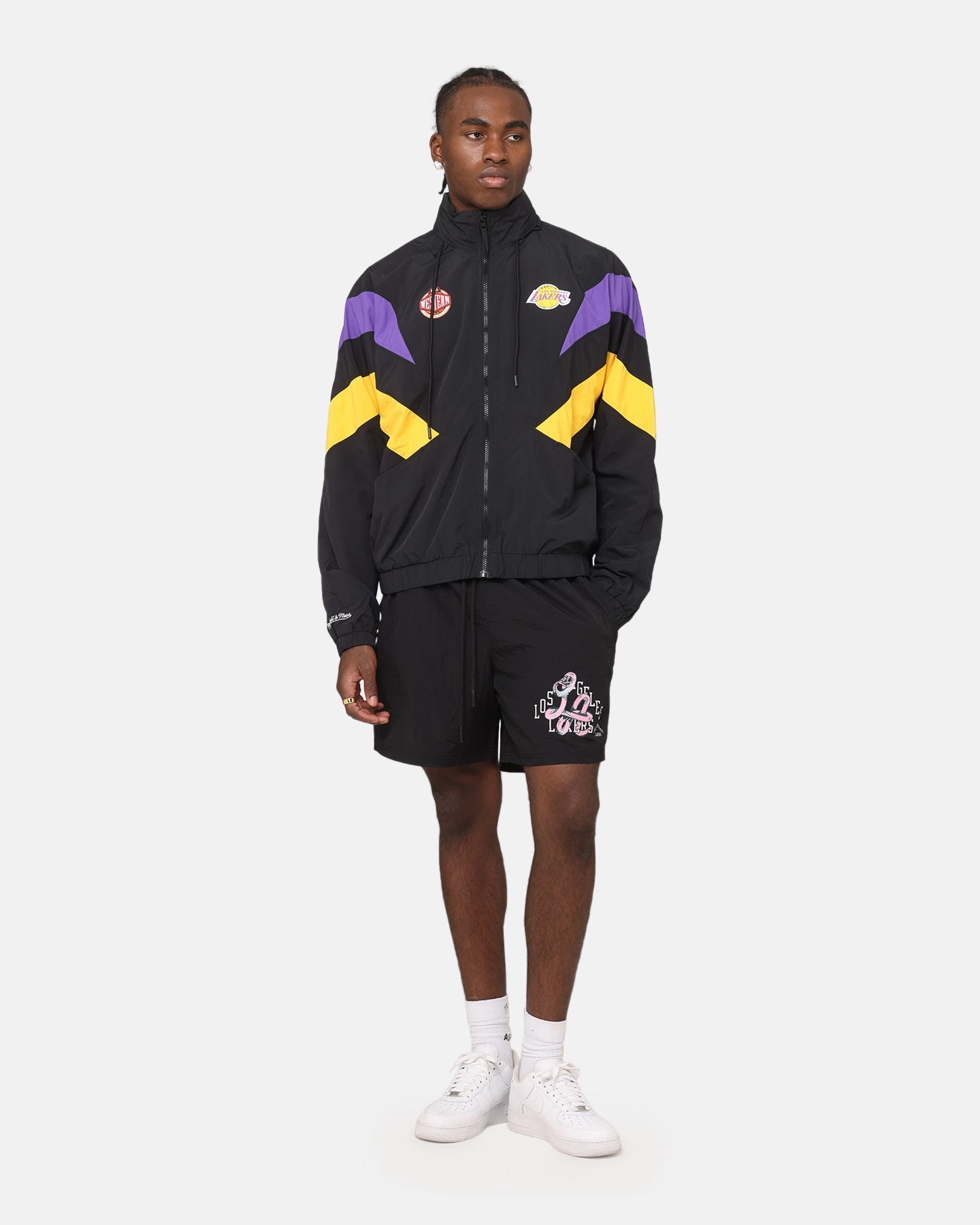 HighNeck Minimalist Aesthetic Mitchell & Ness Los Angeles Lakers Spray Jacket Black/Purple/Yellow