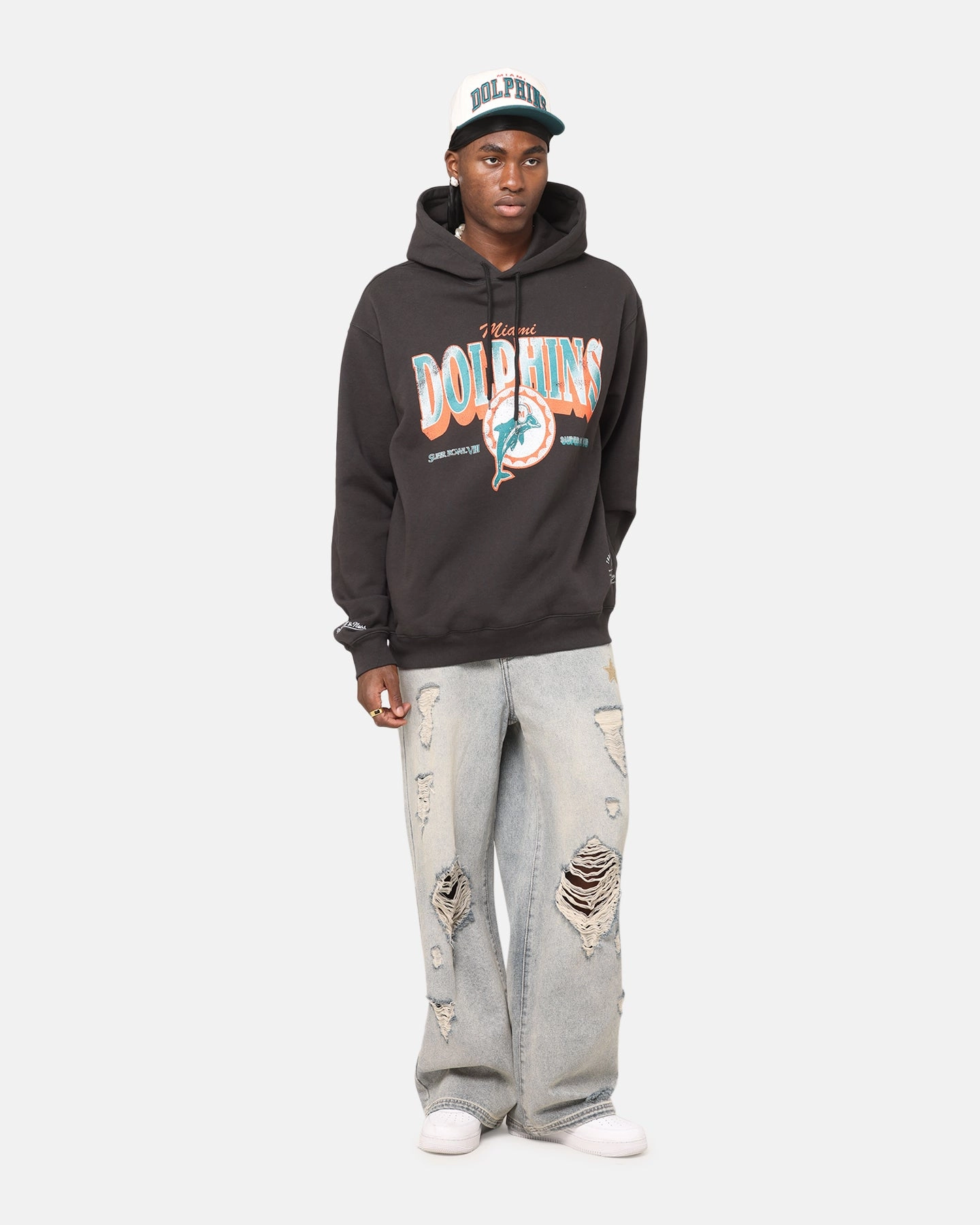 Mitchell & Ness Miami Dolphins Arch Hoodie Faded Black Layered Look Caribbean style