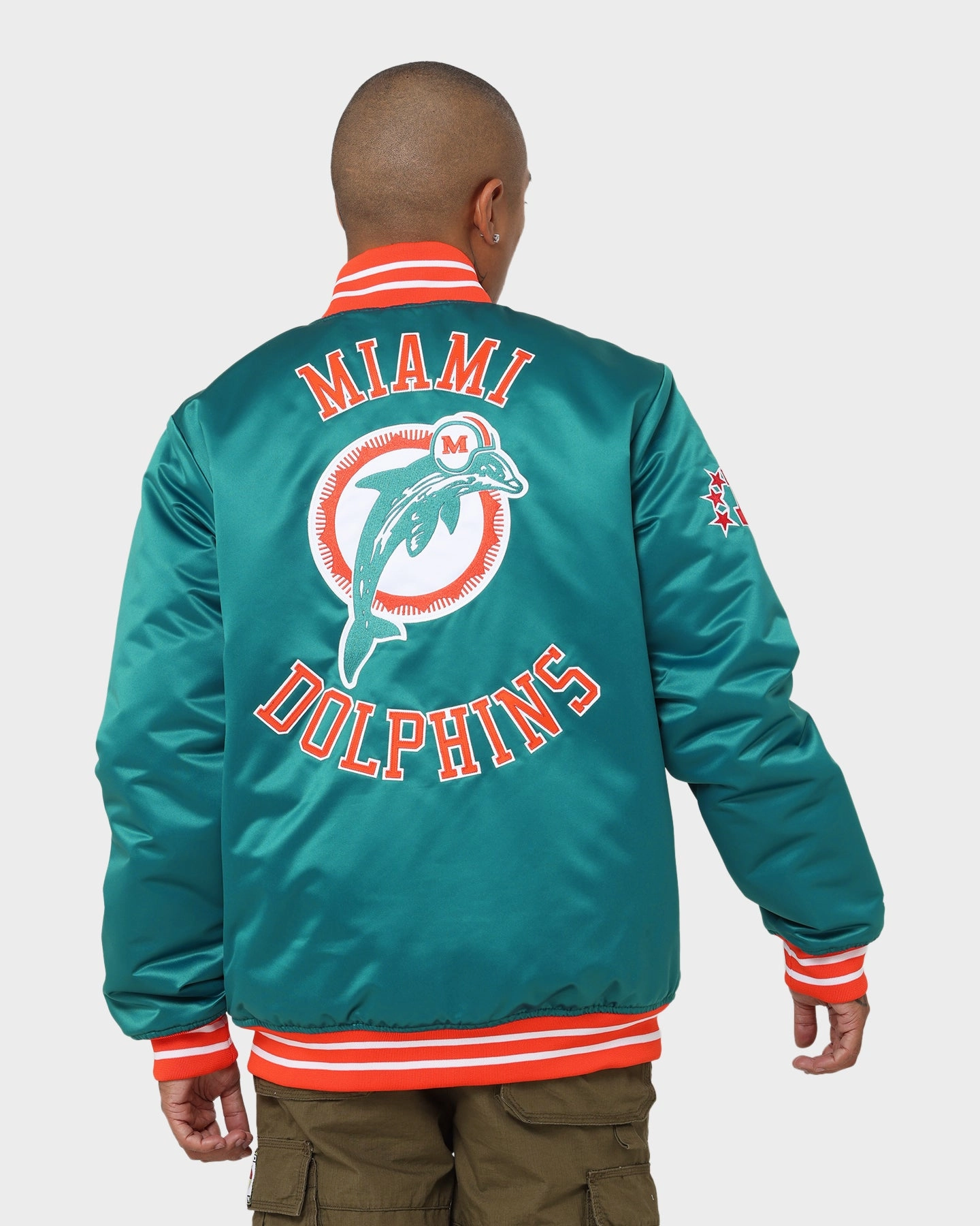 Adult Wind Resistant Mitchell & Ness Miami Dolphins Heavyweight Satin Jacket Light Blue