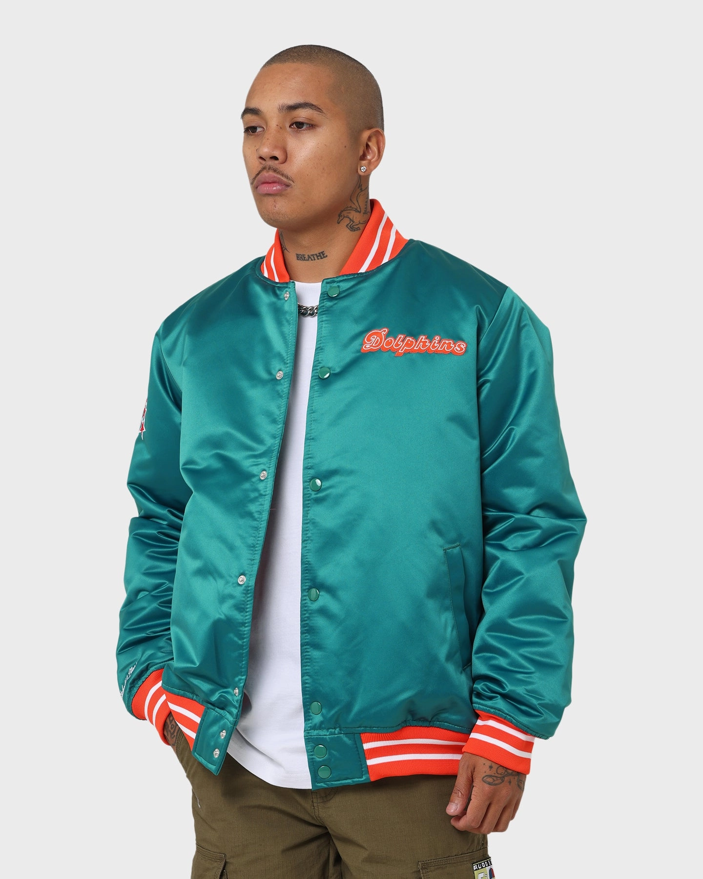 Beach Holiday Fantasize Mitchell & Ness Miami Dolphins Heavyweight Satin Jacket Light Blue