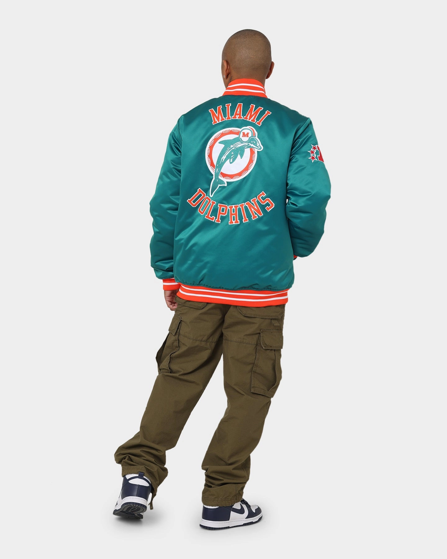 Recharge mountain scene Mitchell & Ness Miami Dolphins Heavyweight Satin Jacket Light Blue