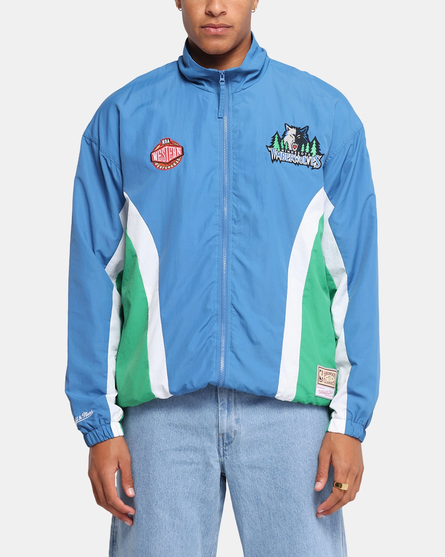 Mitchell & Ness Minnesota Timberwolves Nylon Track Jacket Blue/Green Compression Fit Ergonomic Cut