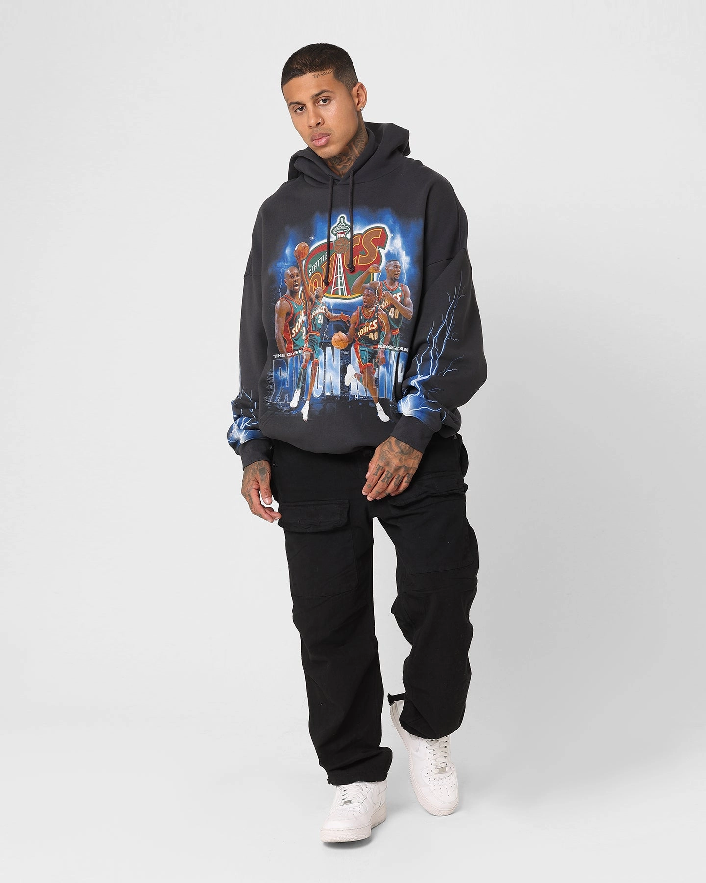 Layered Look Animal Print Mitchell & Ness Seattle Supersonics Gary Payton and Shawn Kemp Strike Hoodie Faded Black