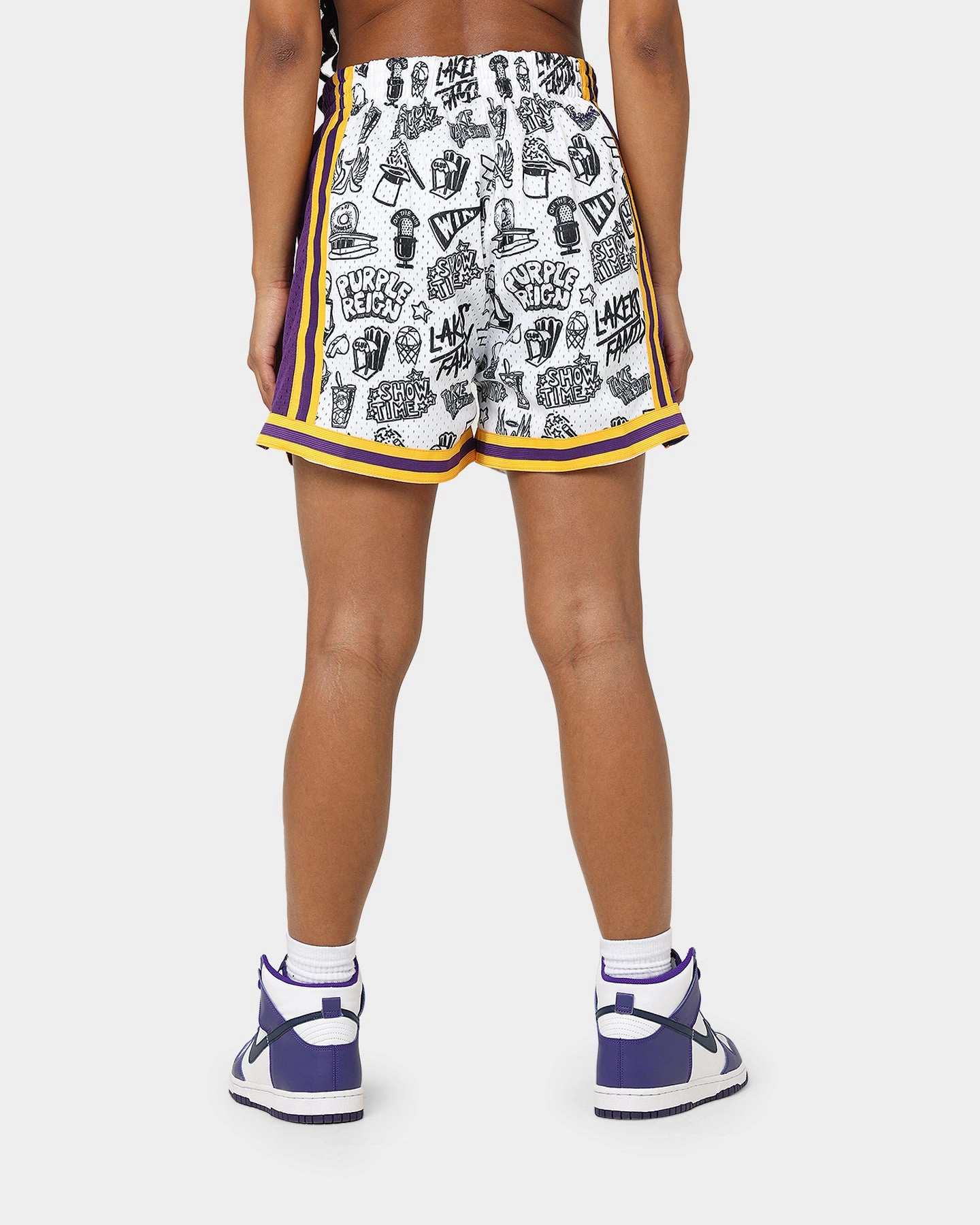 camping clothes Bold Patterns Mitchell & Ness Women's Los Angeles Lakers Doodle Shorts White