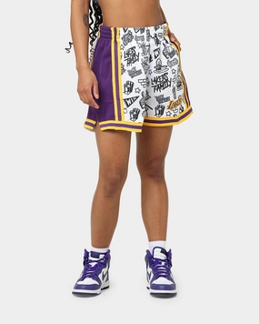 Mitchell & Ness Women's Los Angeles Lakers Doodle Shorts White Four Way Stretch Ergonomic Panel Design