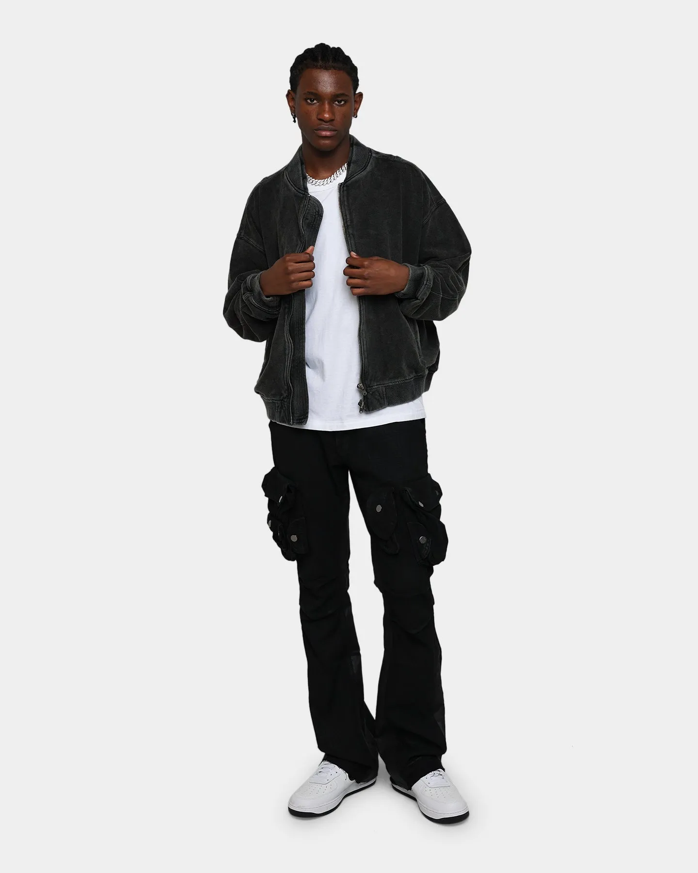 city lights Collarless MNML Layered Bomber Jacket Black