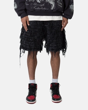 MNML All Over Frayed Denim Shorts Black hip look