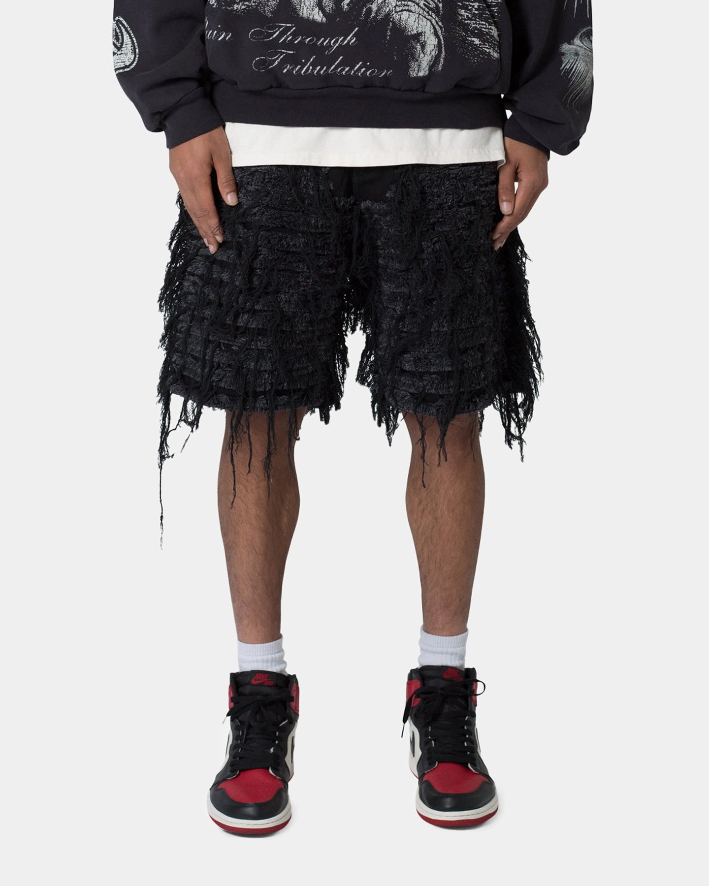 MNML All Over Frayed Denim Shorts Black hip look