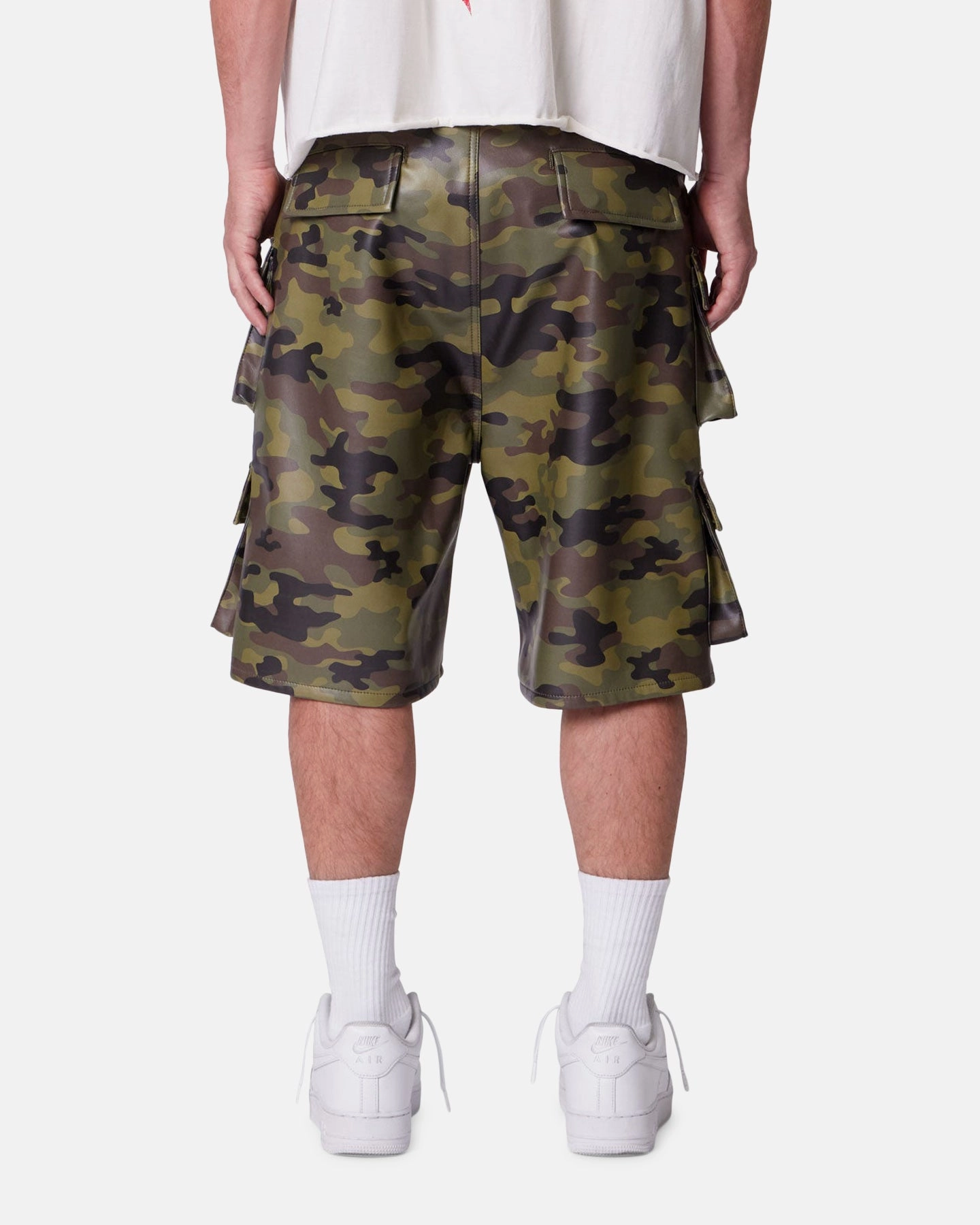 Machine-washable MNML Baggy Vegan Leather Cargo Shorts Camo