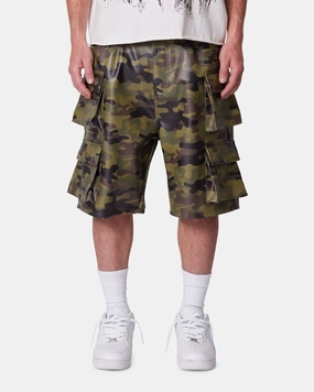 MNML Baggy Vegan Leather Cargo Shorts Camo Cycling shorts