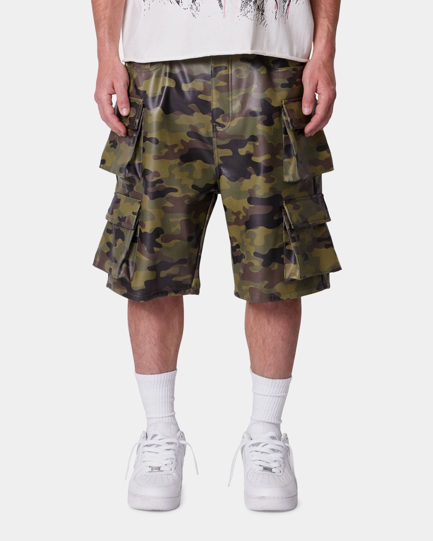 MNML Baggy Vegan Leather Cargo Shorts Camo Cycling shorts