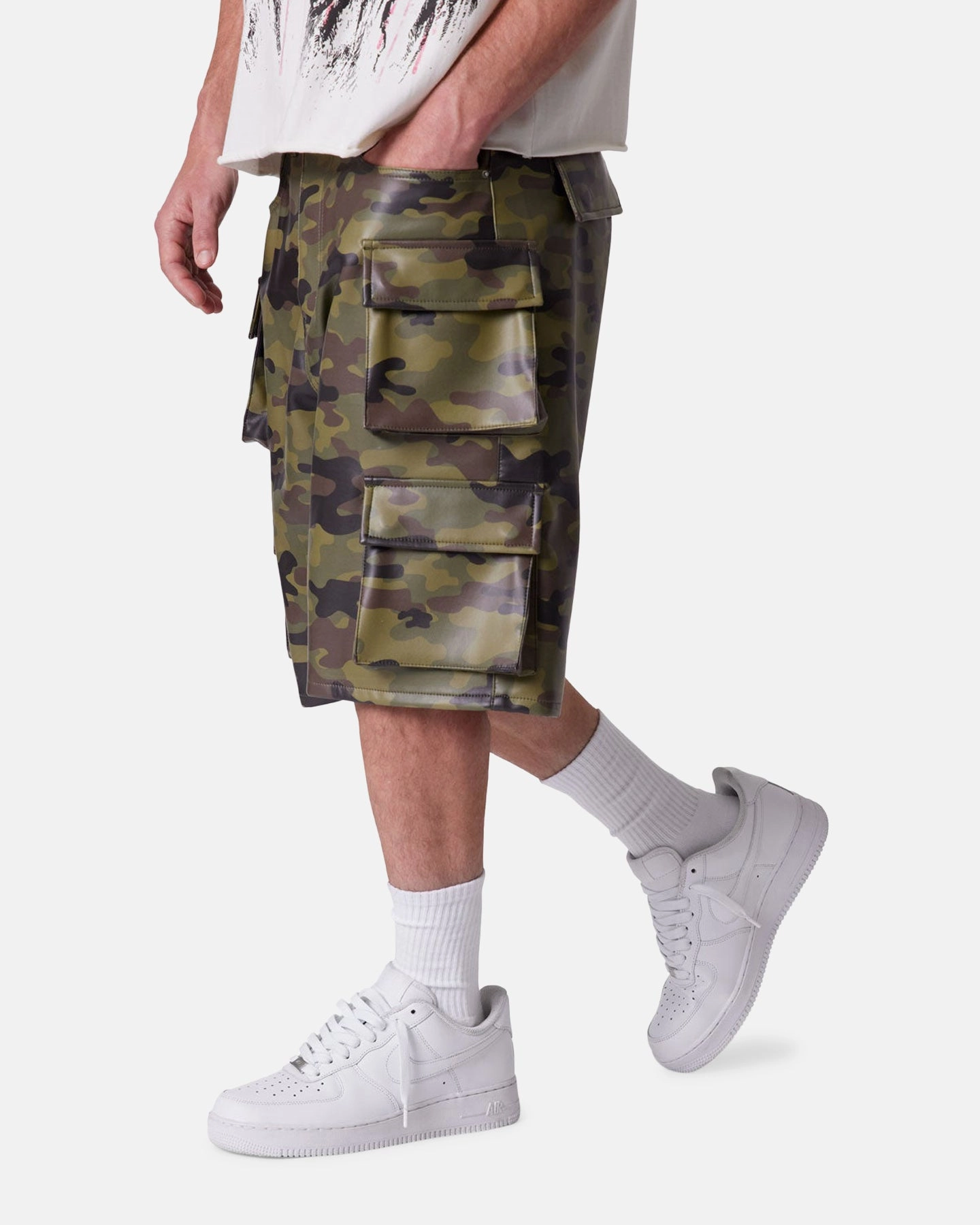 MNML Baggy Vegan Leather Cargo Shorts Camo Wrinkle Resistant Treatment