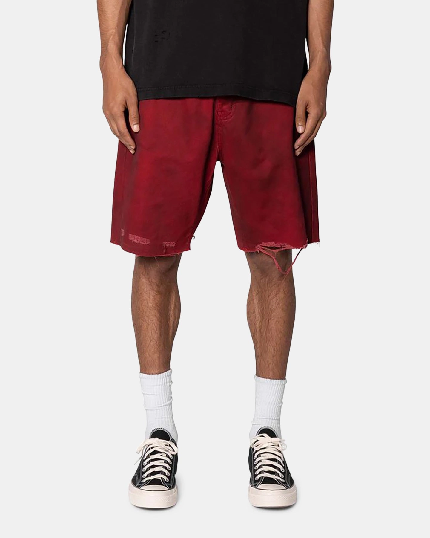 Gym Wear Luxury Brand MNML Burnt Distressed Denim Shorts Red