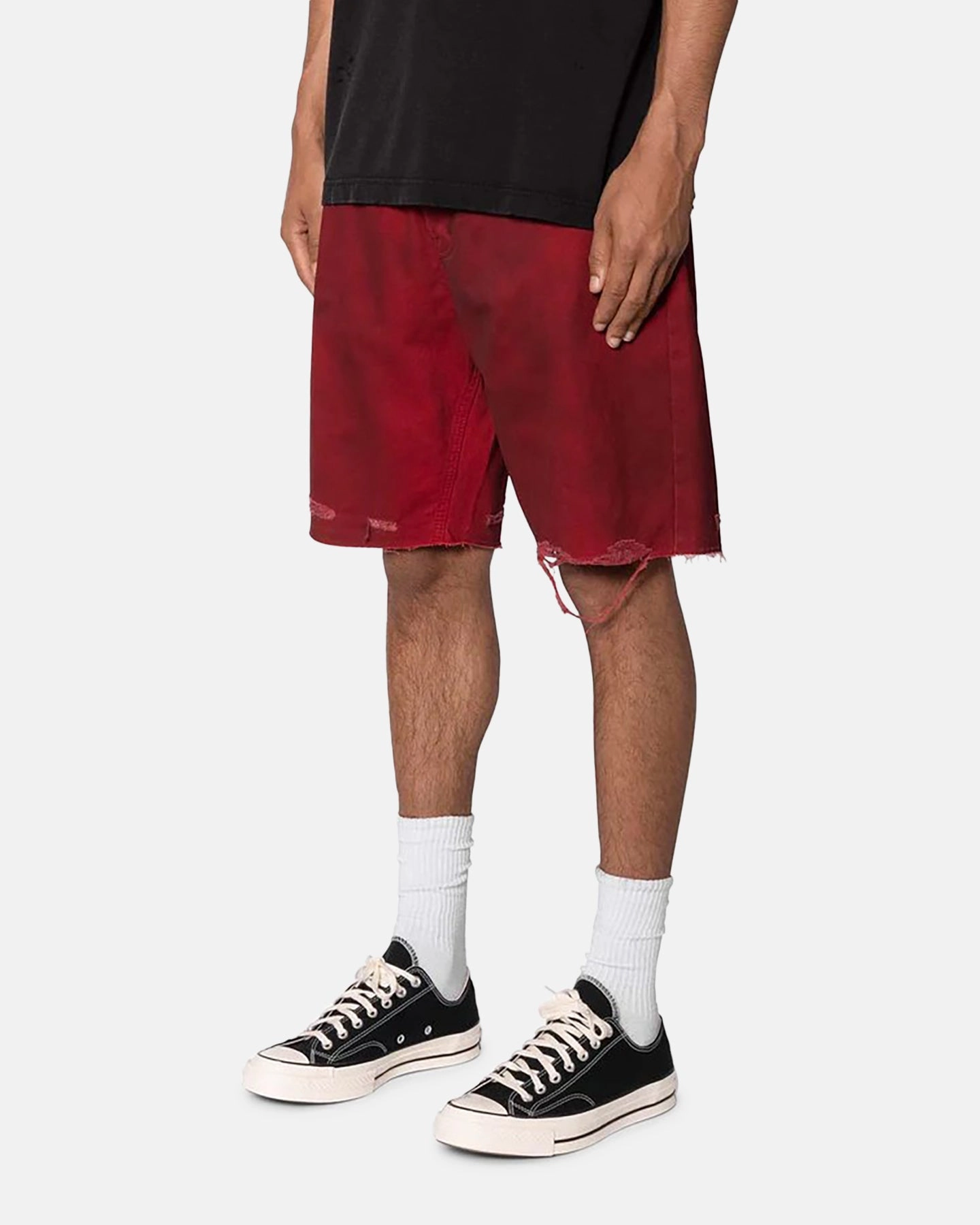 MNML Burnt Distressed Denim Shorts Red Basketball shorts