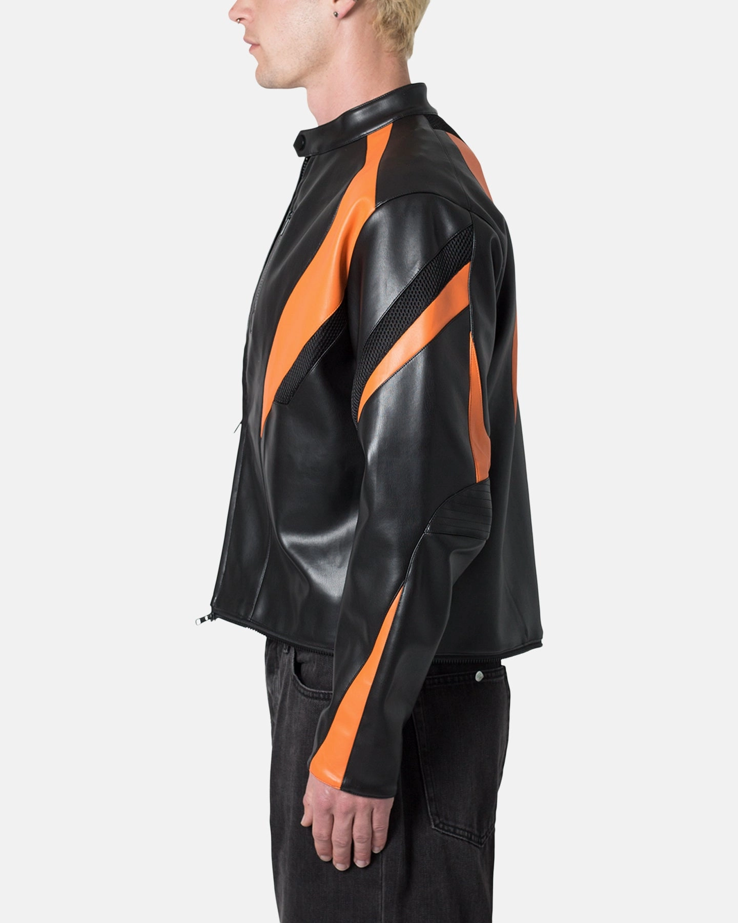 MNML Cropped Leather Race Jacket Black/Orange Action Windproof Barrier Design