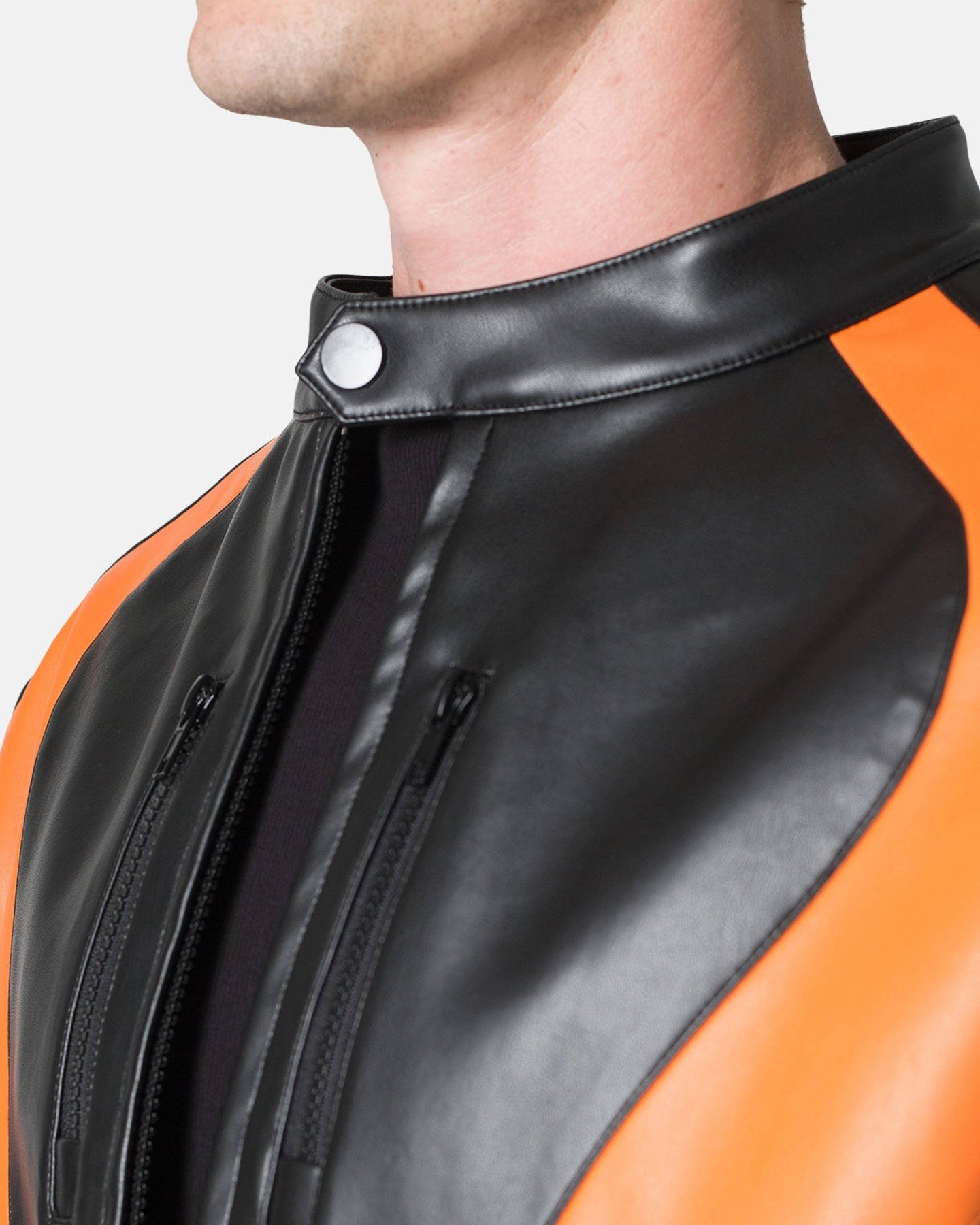 MNML Cropped Leather Race Jacket Black/Orange Stretch Comfort