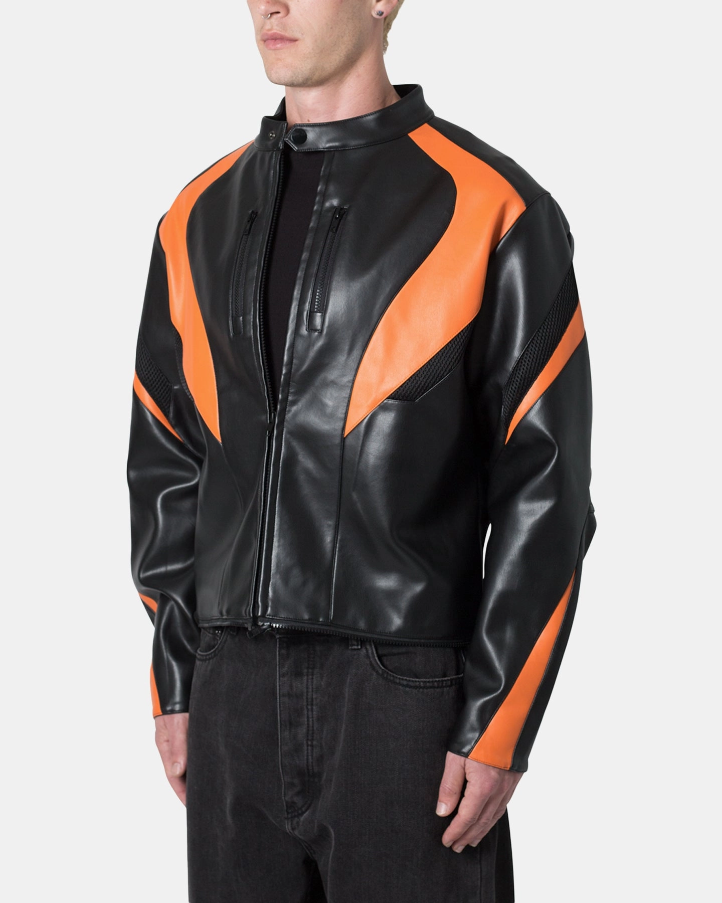 graduation party Dispute MNML Cropped Leather Race Jacket Black/Orange