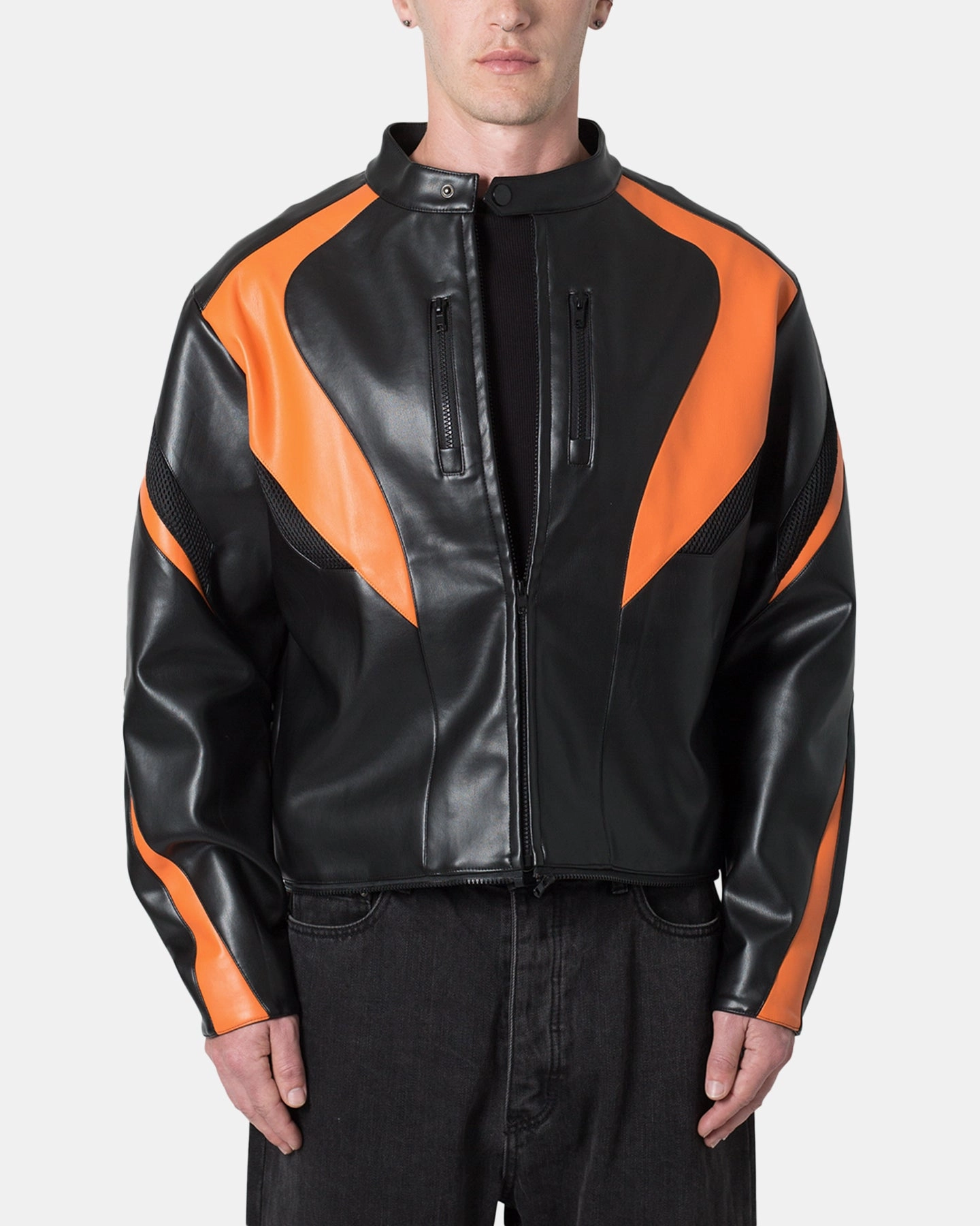 MNML Cropped Leather Race Jacket Black/Orange Shock Absorbent Padding Promote