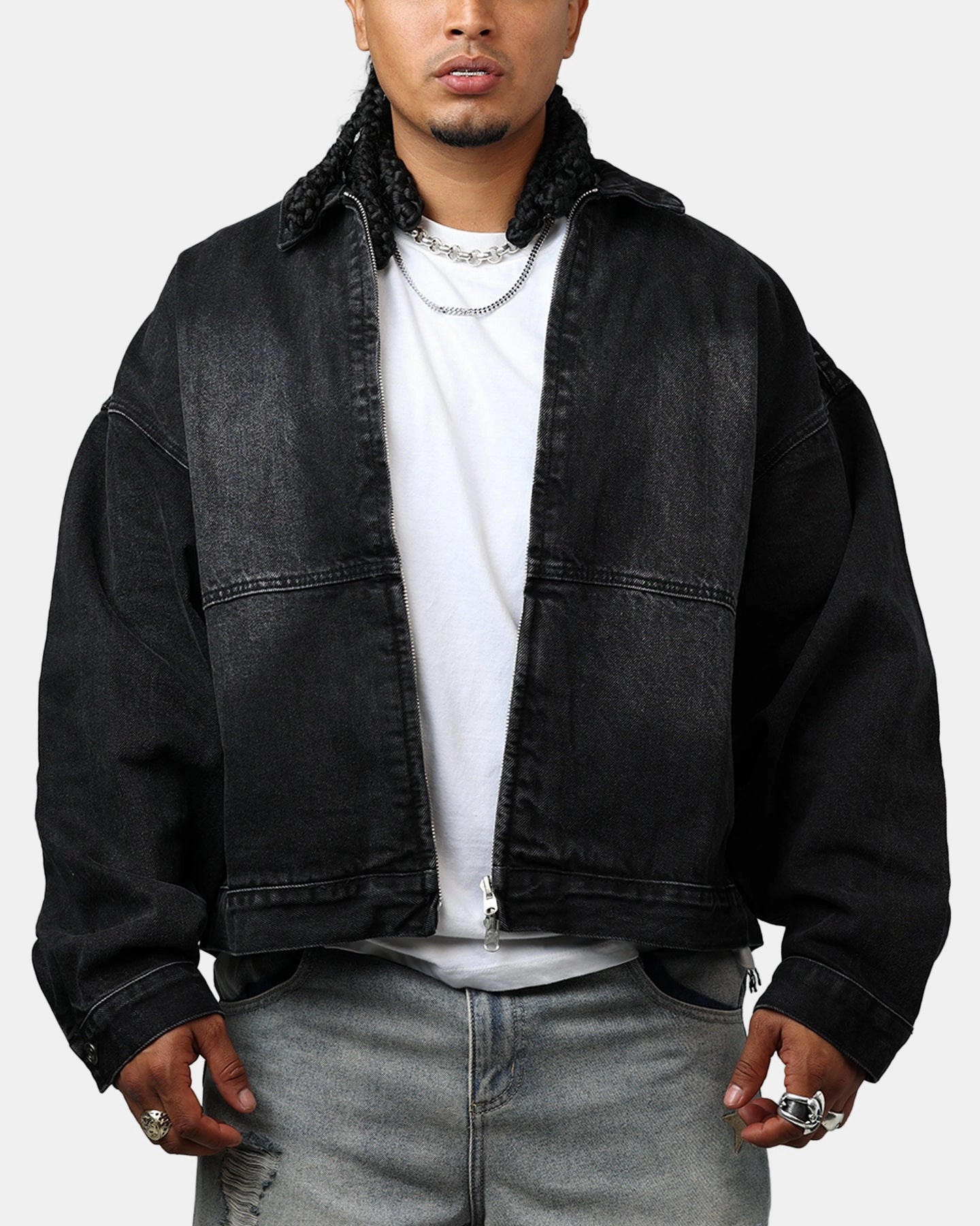 Magnetic Closure Details futuristic MNML Denim Choir Coat Washed Black