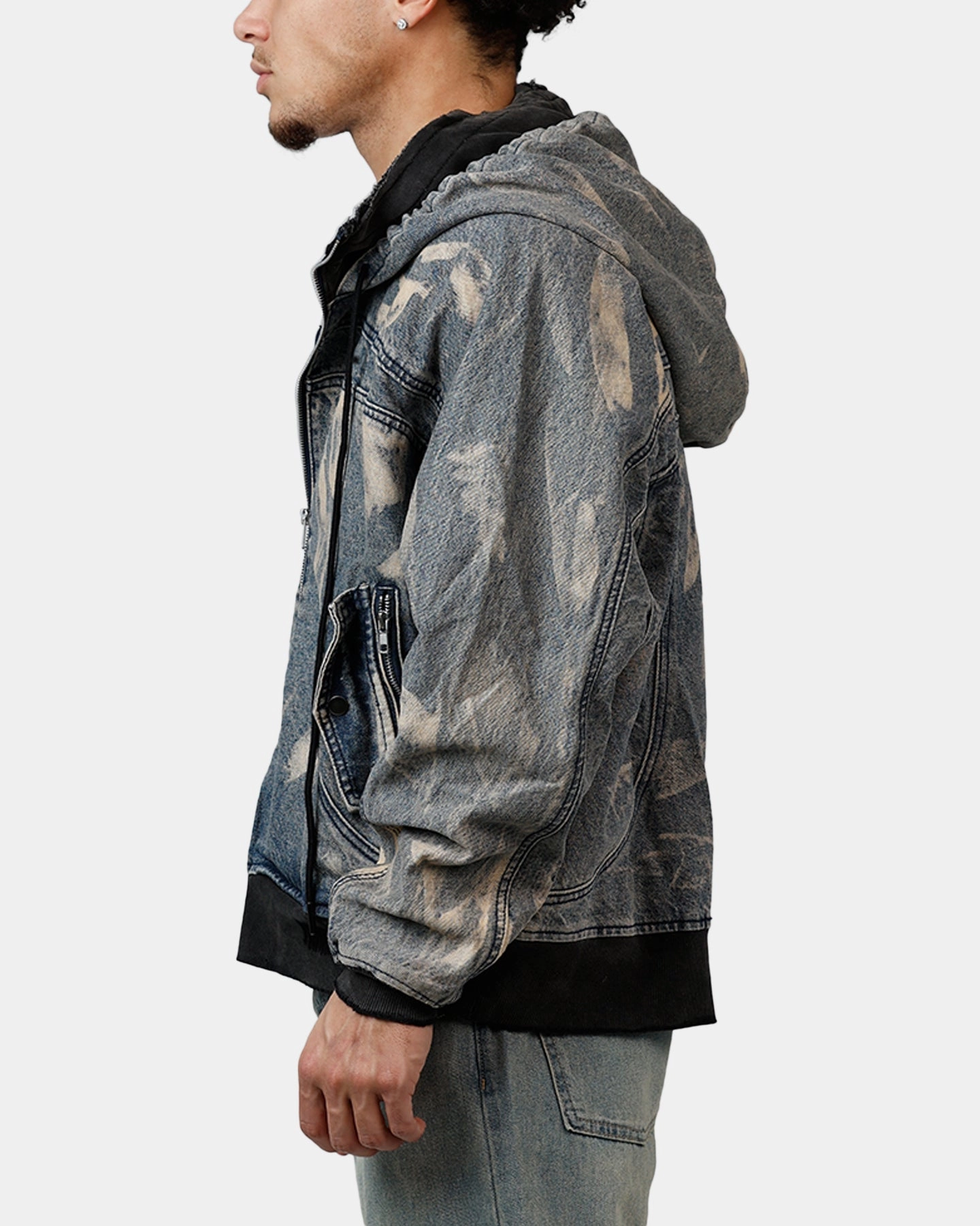 MNML Double Denim Hood Bomb Jacket Blue Agree HemLock Adjustment System