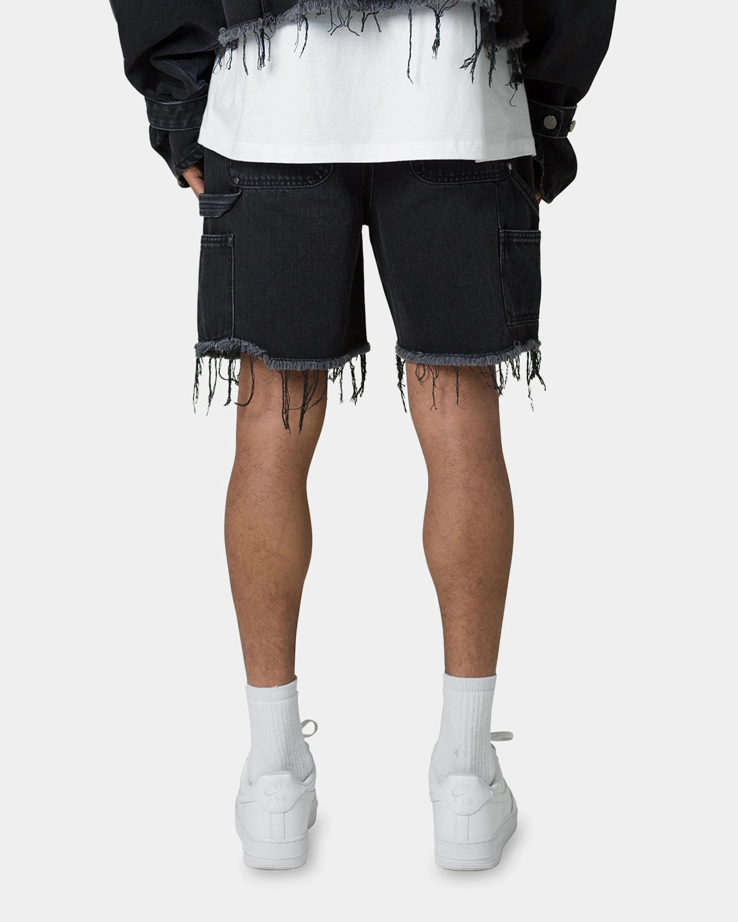 Retroreflective Accents MNML Frayed Denim Shorts Washed Black