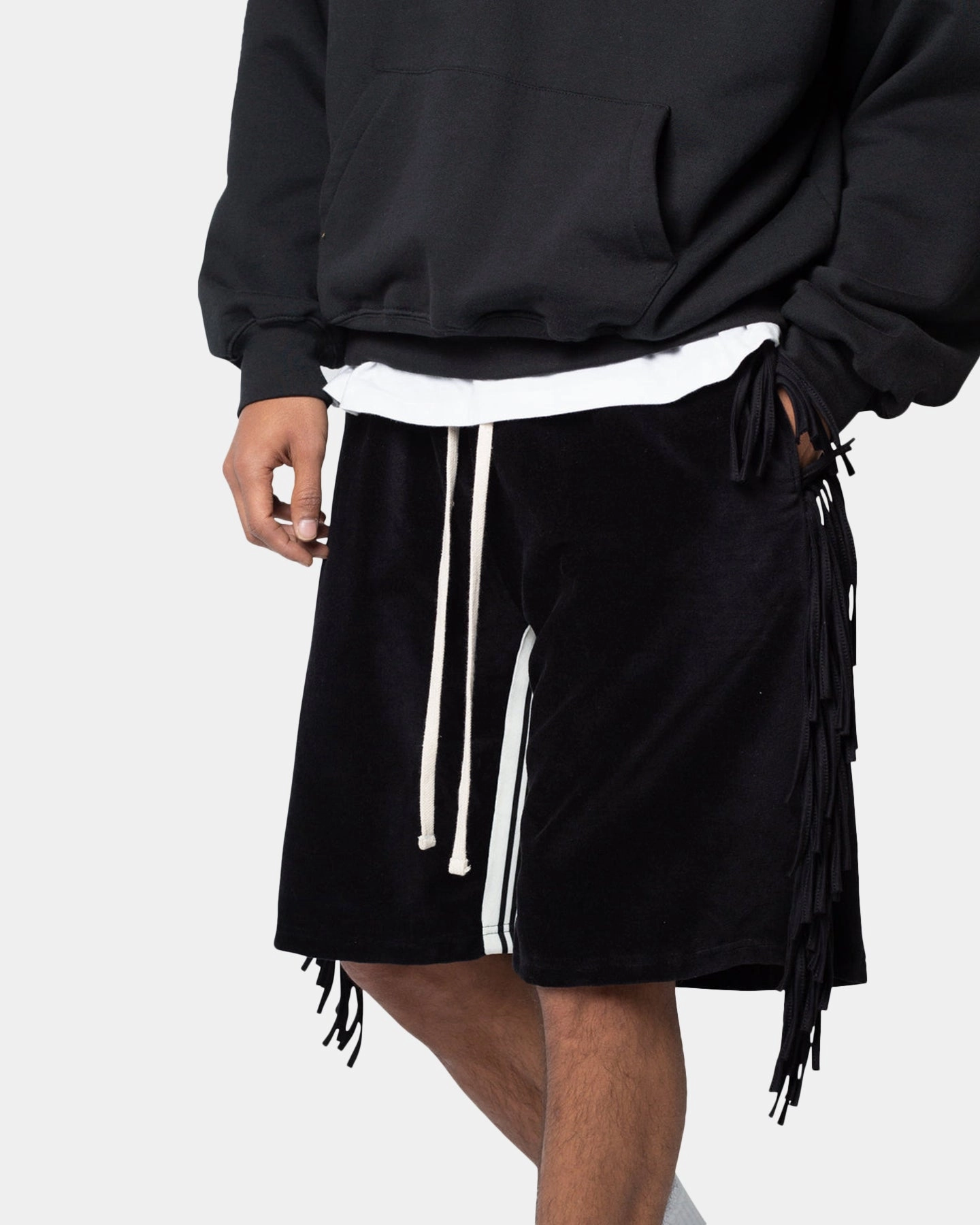 MNML Fringe Velour Sweat Shorts Black stain resistant coating
