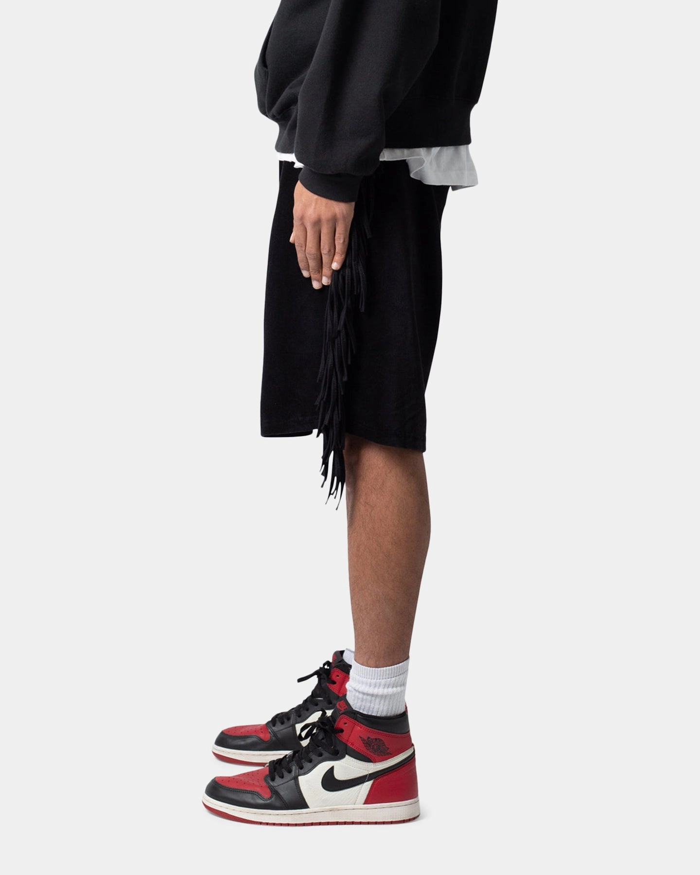 MNML Fringe Velour Sweat Shorts Black Breathable Side Vents