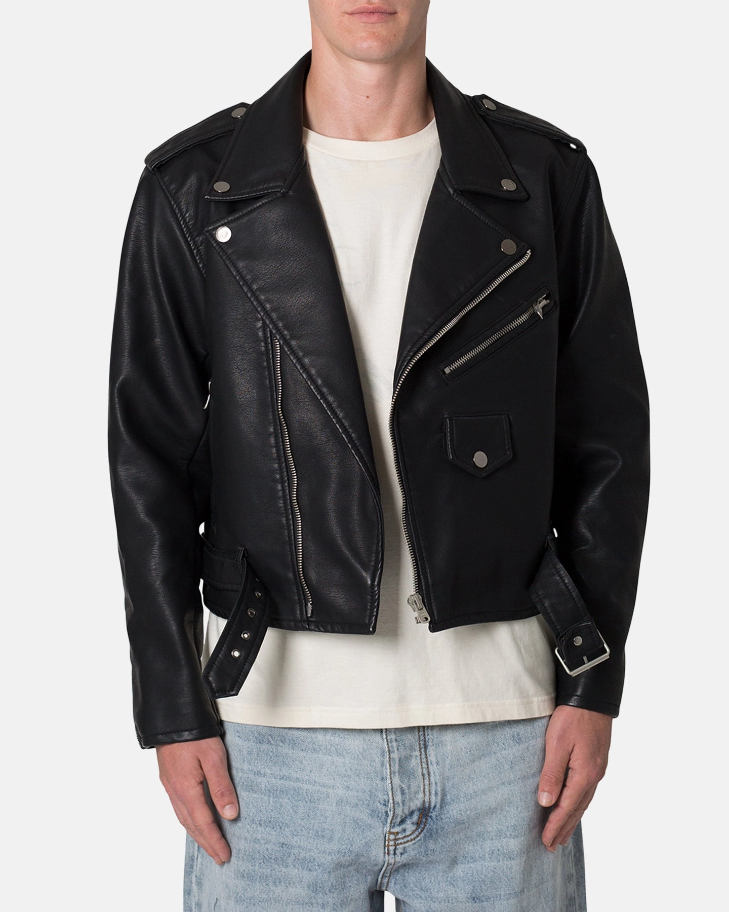 Fashionable Shield MNML Leather Moto Jacket Black