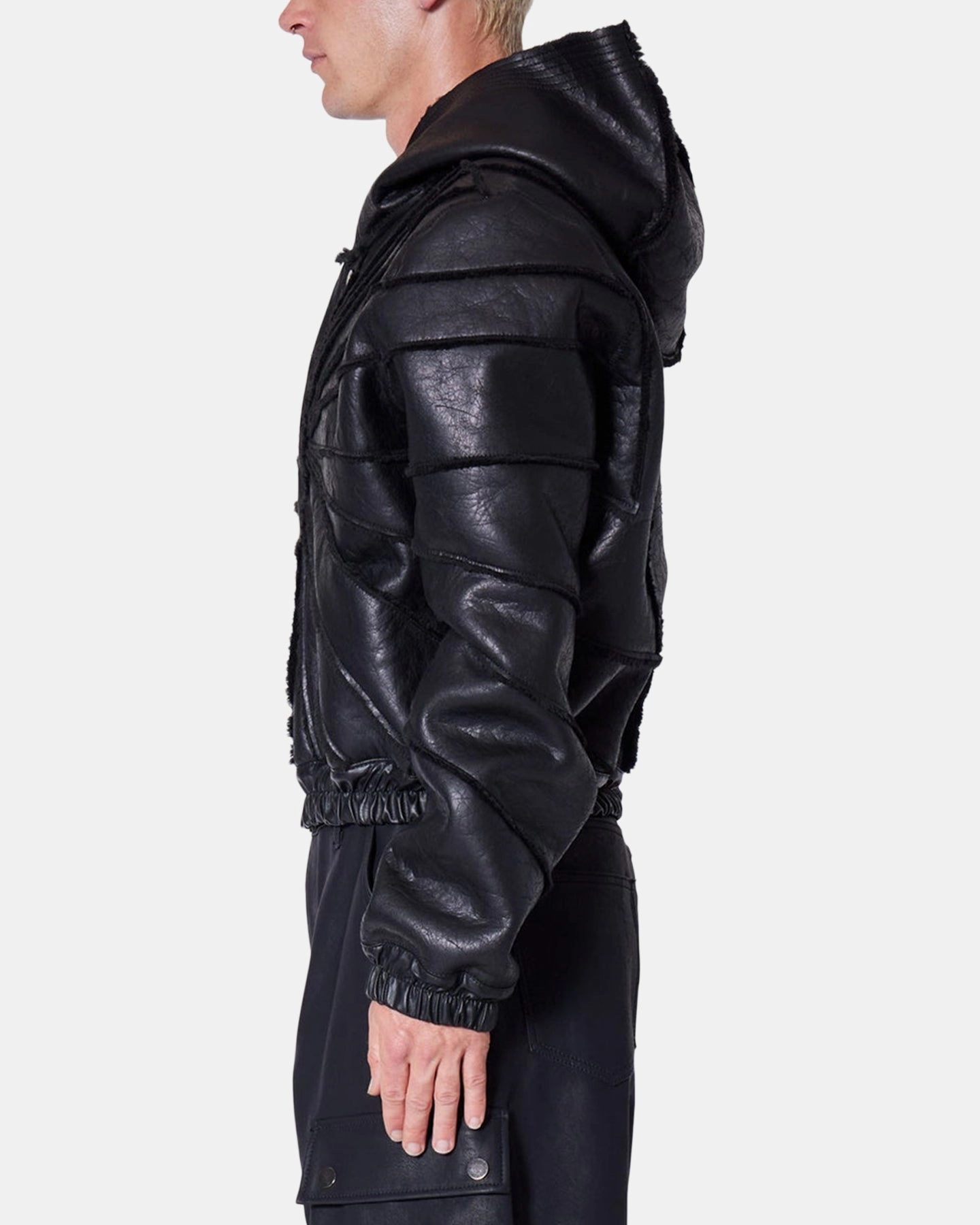 MNML Leather Web Cropped Zip Up Hoodie Black Wedding