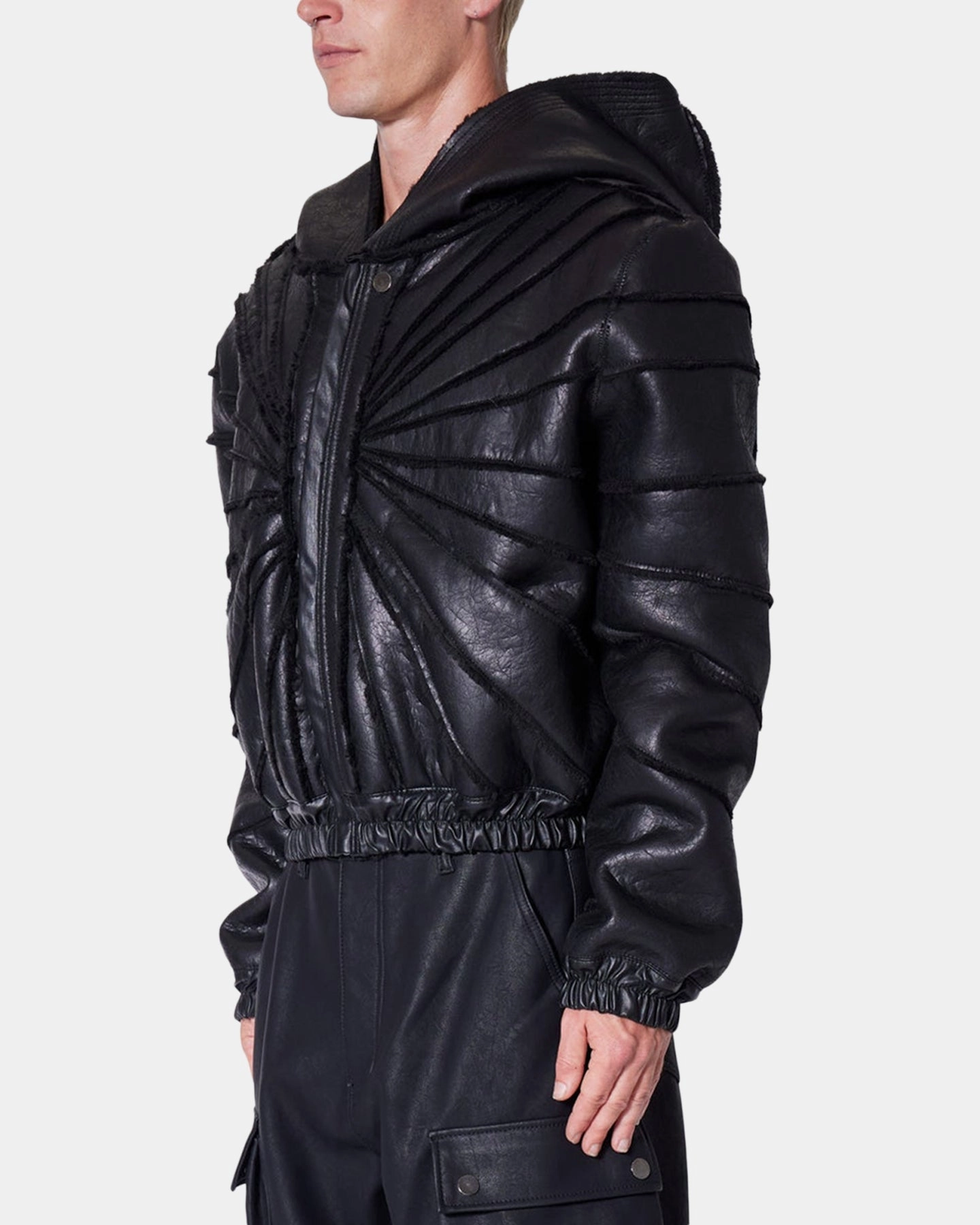 Enable MNML Leather Web Cropped Zip Up Hoodie Black
