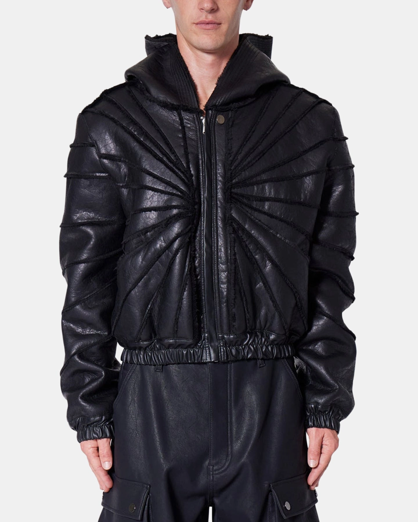 MNML Leather Web Cropped Zip Up Hoodie Black neutral - colored