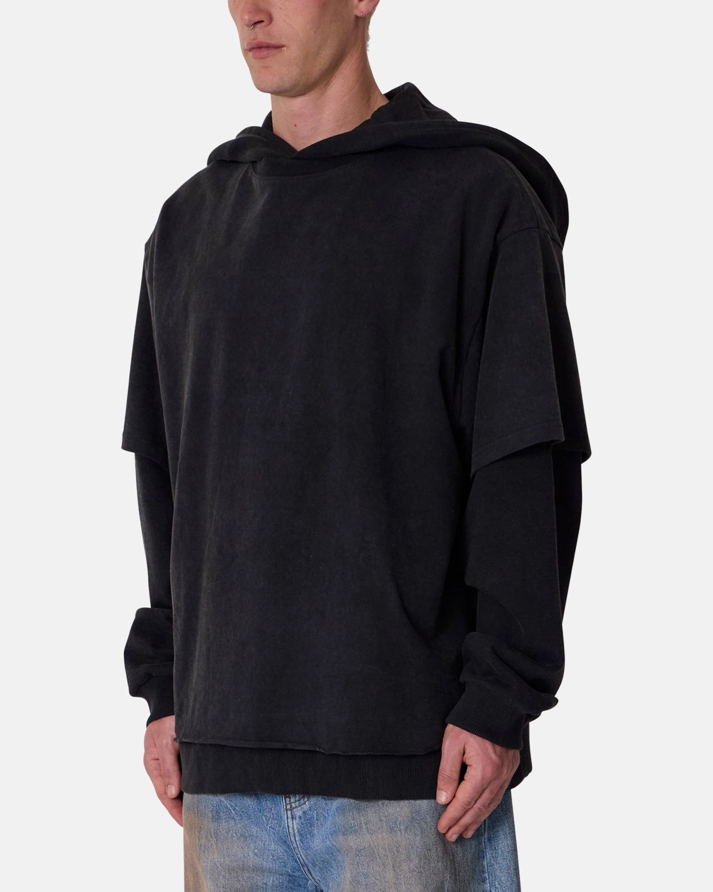 MNML Over Tee Layered Hoodie Washed Black Display Opportunity