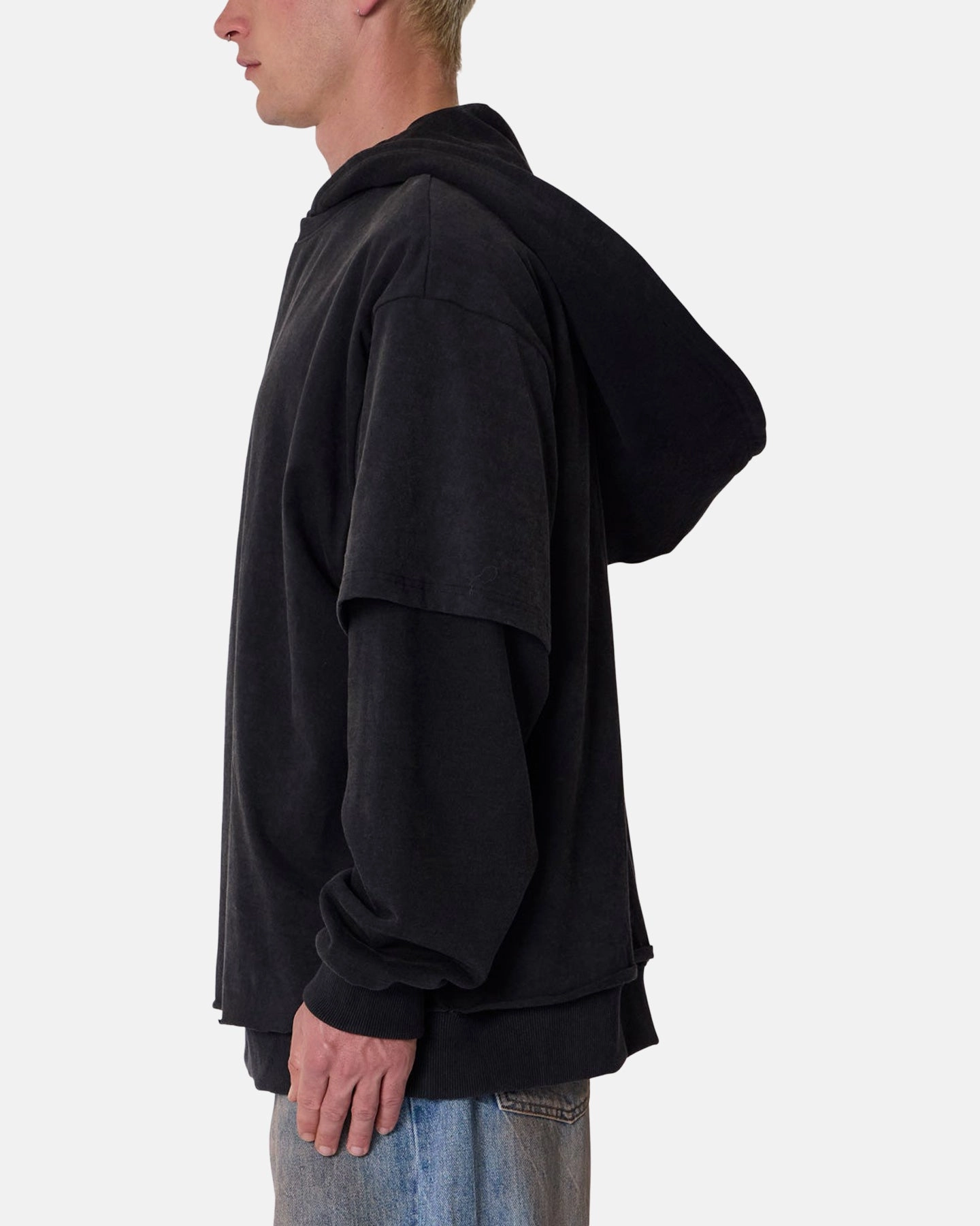 Double Stitched Construction MNML Over Tee Layered Hoodie Washed Black