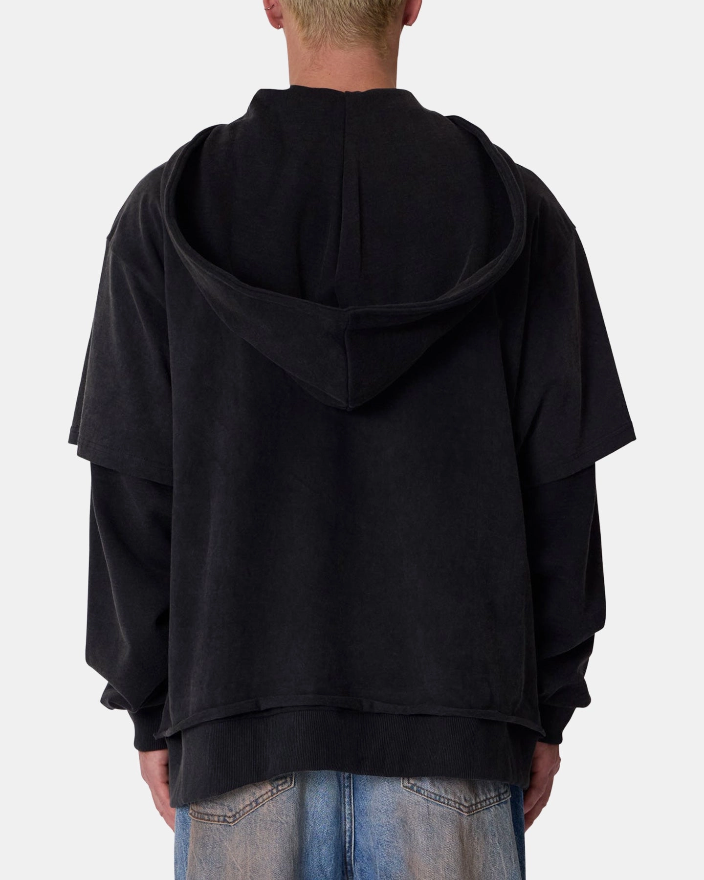 MNML Over Tee Layered Hoodie Washed Black Comfort Fit Silhouette All-Season Outerwear