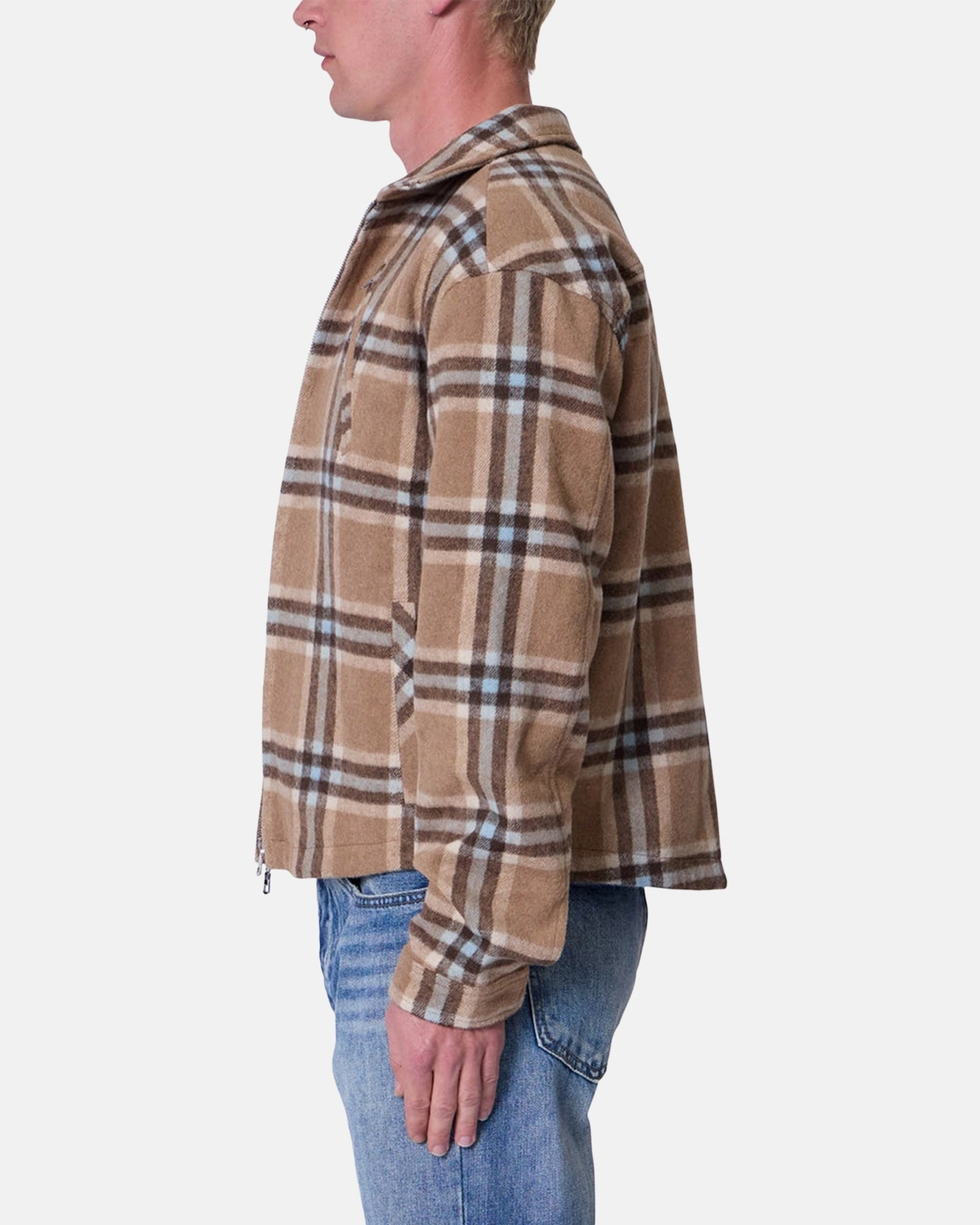 Multi Seasonal MNML Plaid Flannel Front Zip Jacket Brown/Cream