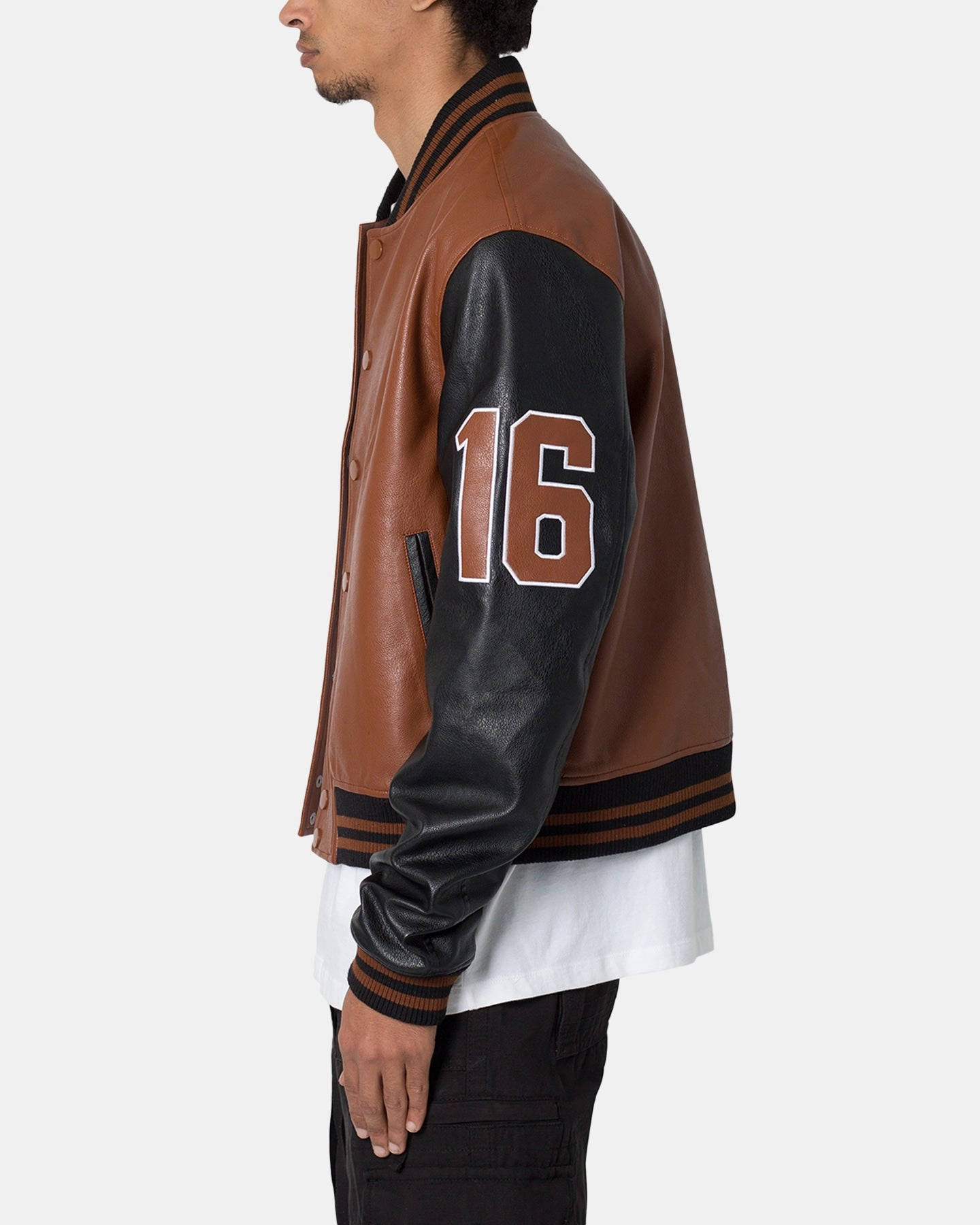 MNML PU Varsity Jacket Brown/Black Reflective Detailing Round-neck
