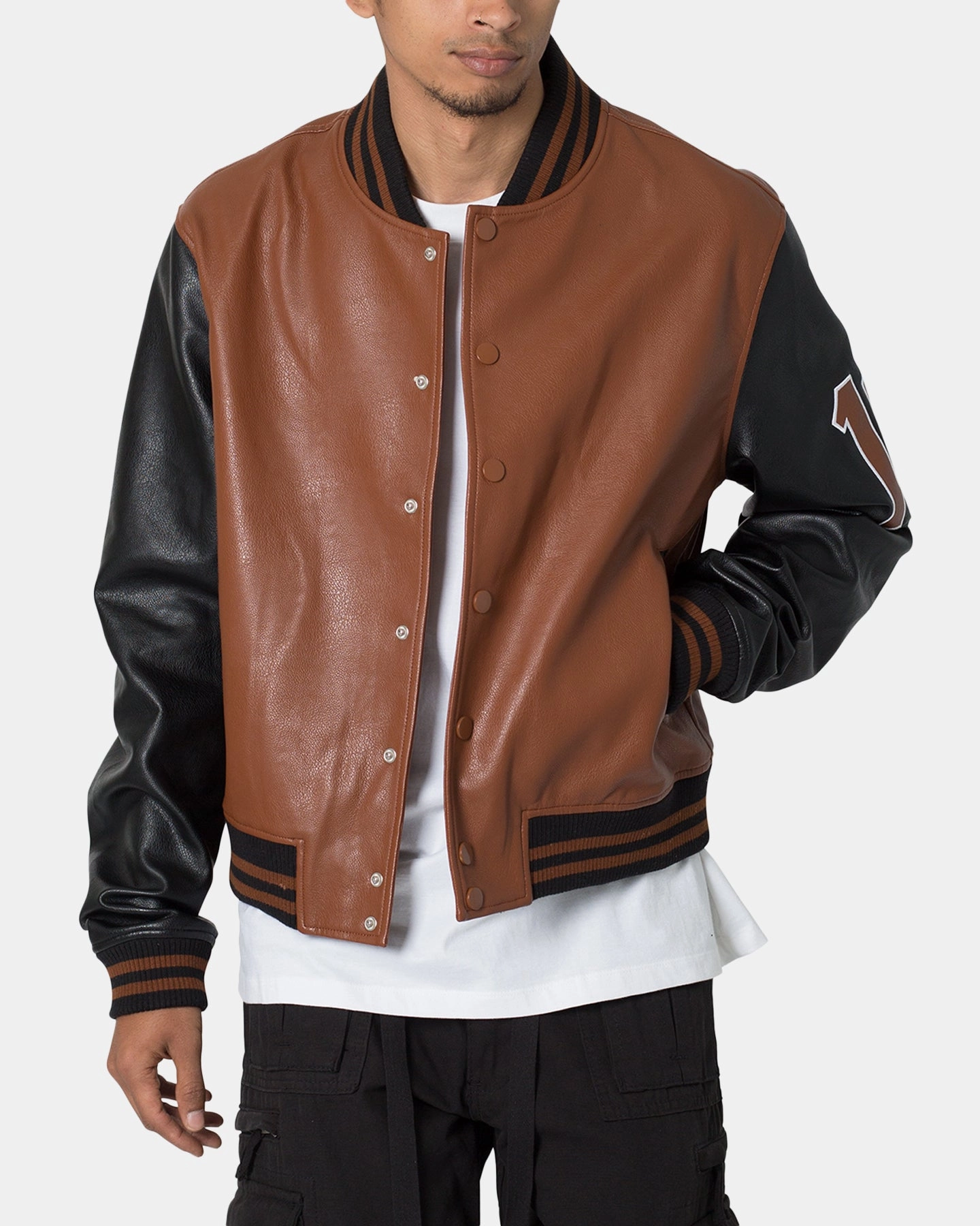Collarless Stole MNML PU Varsity Jacket Brown/Black