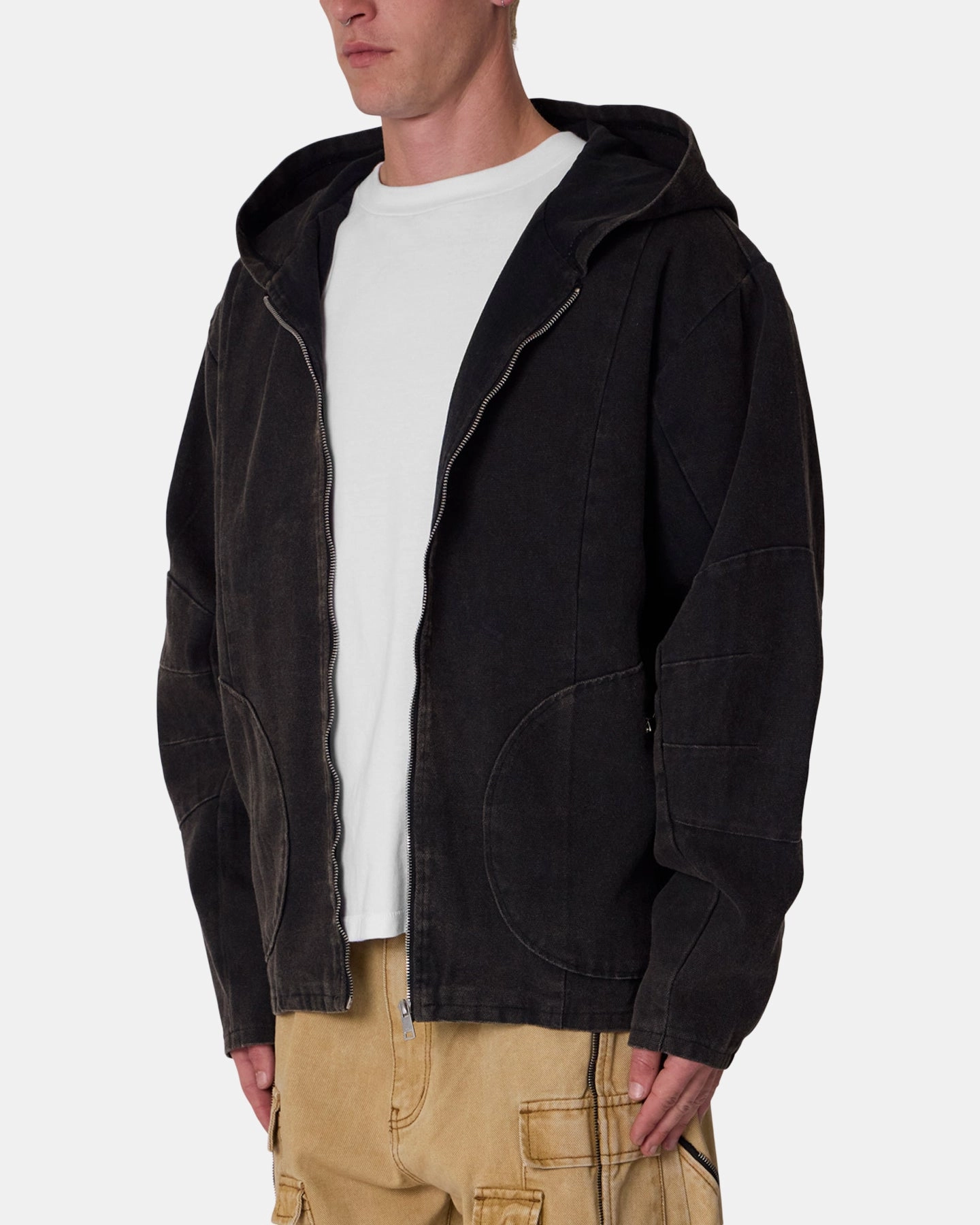 MNML Seamed Zip Up Hoodie Washed Black Double Layered Edges