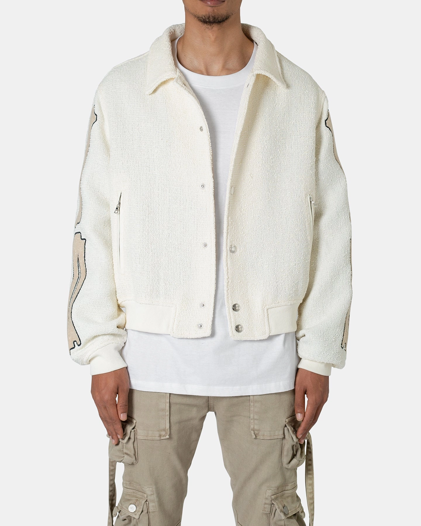 MNML Skeleton Varsity Jacket Cream suitable for casual gatherings Shawl