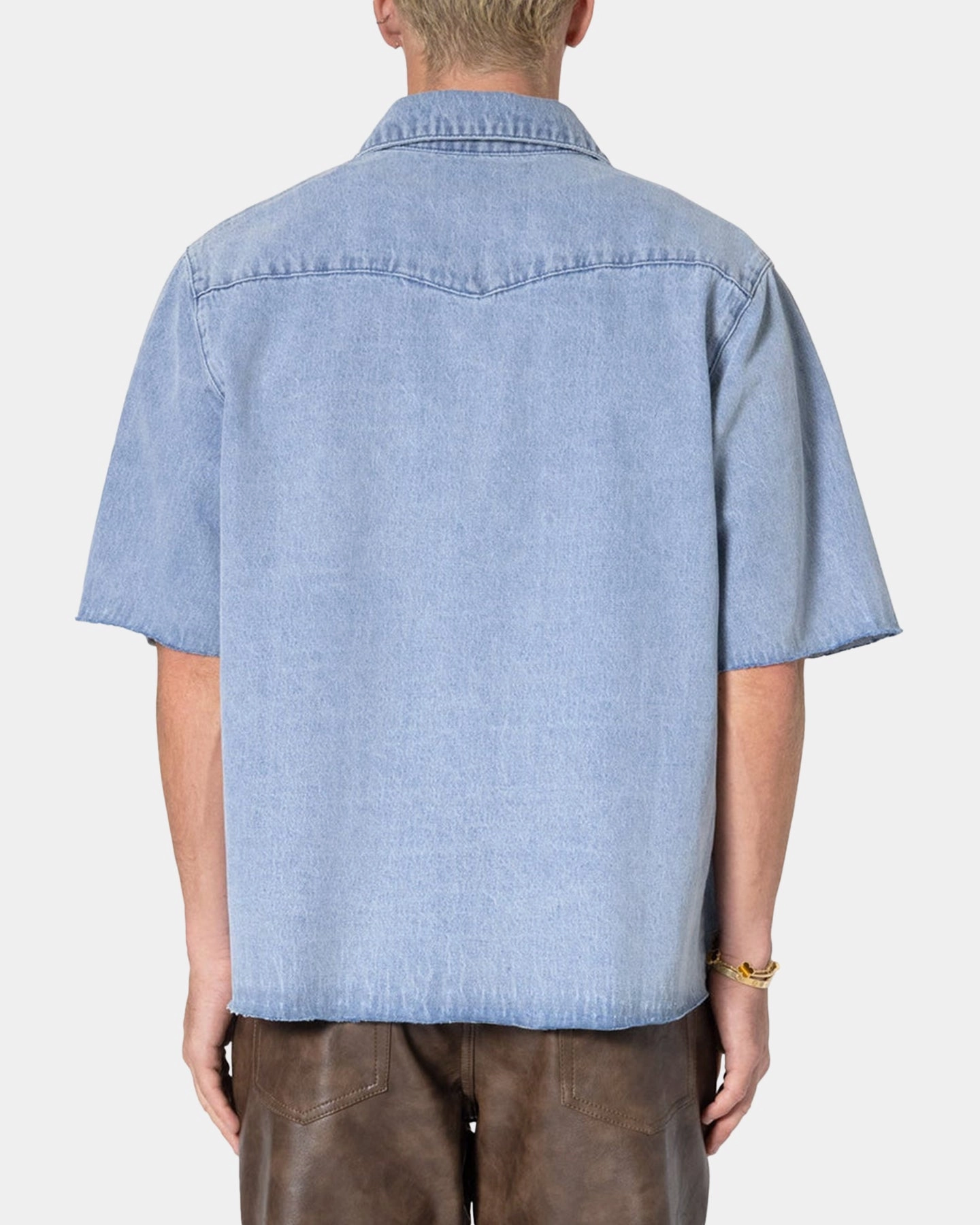 MNML Washed Denim Button Up Shirt Blue Convertible Collar Style