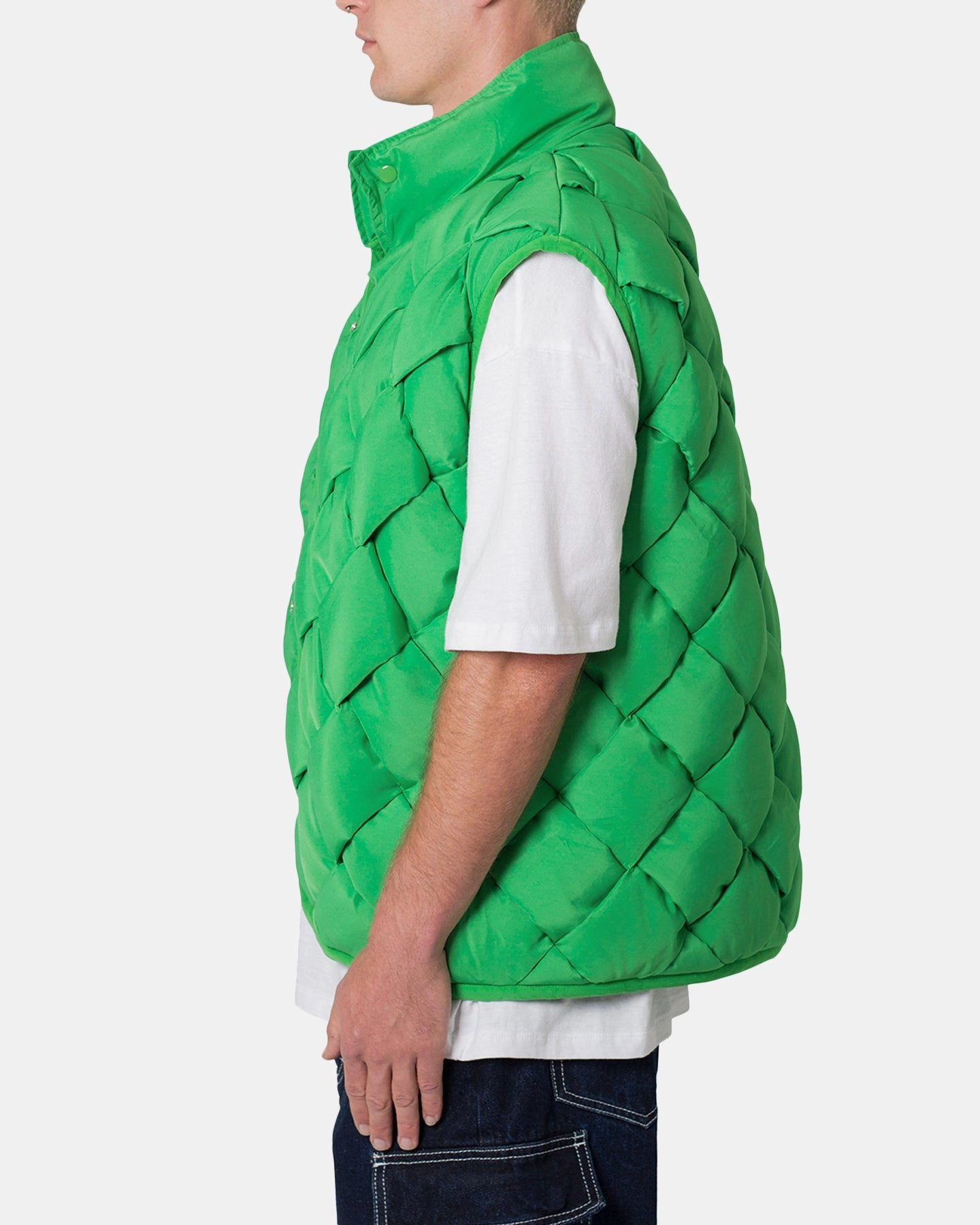 MNML Woven Puffer Vest Green High Neck