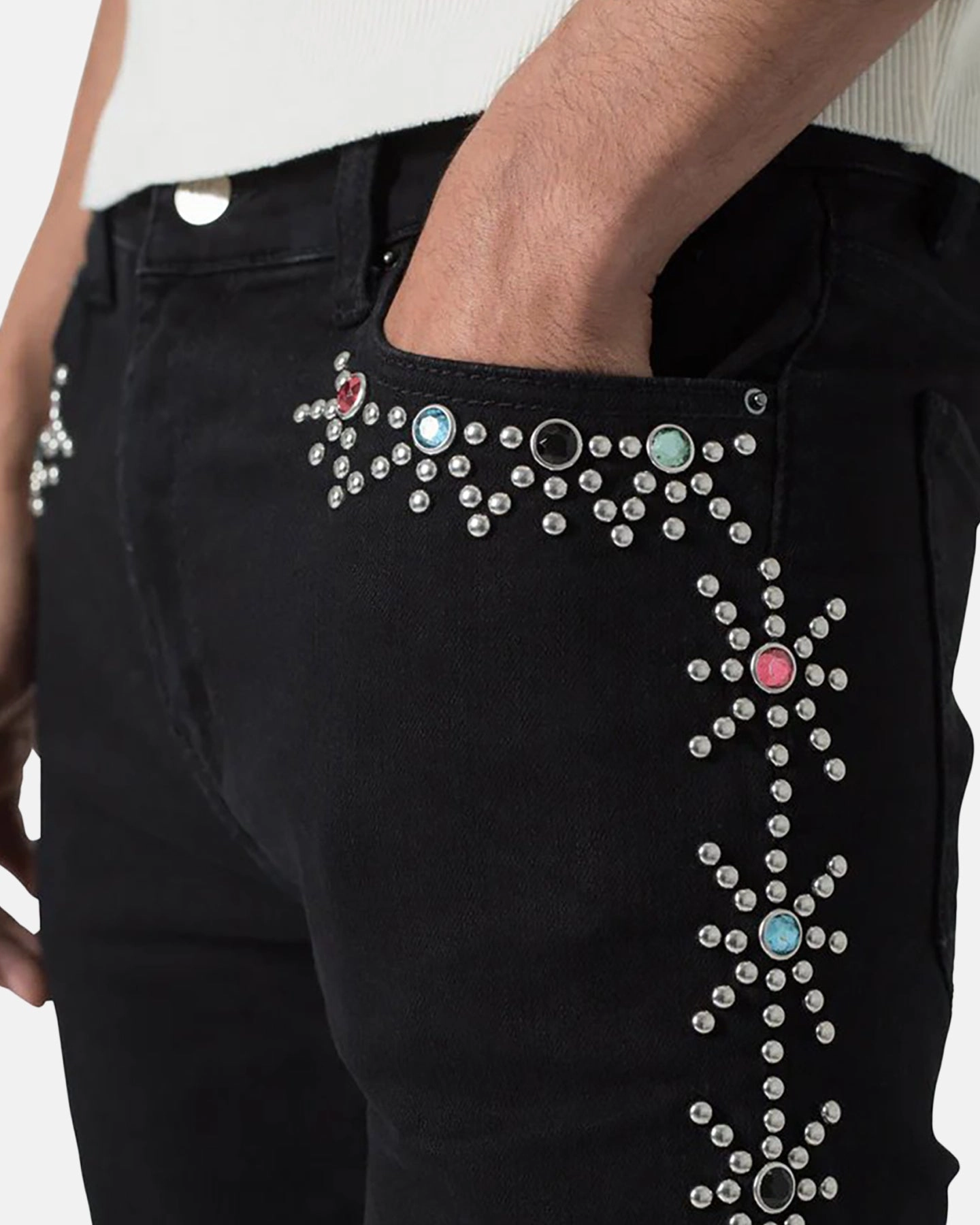 Textured Party Look Soft Water Efficient Wash Process MNML X620 Studded Skinny Denim Jean Black