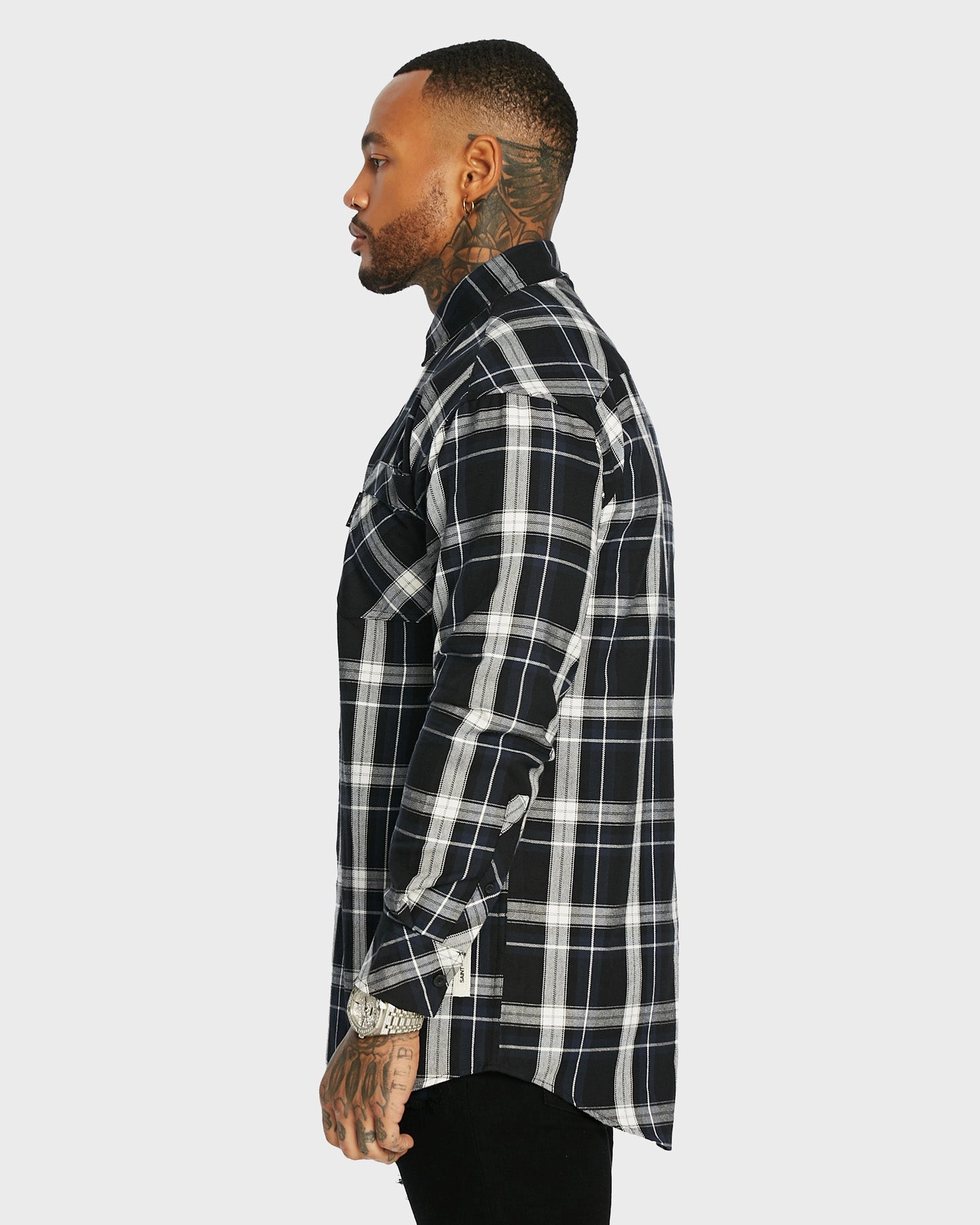 Reinforced Elbow Patches Sustainable Manufacturing Process Saint Morta Men's Prima Long Sleeve Flannel Shirt Navy/Black/White