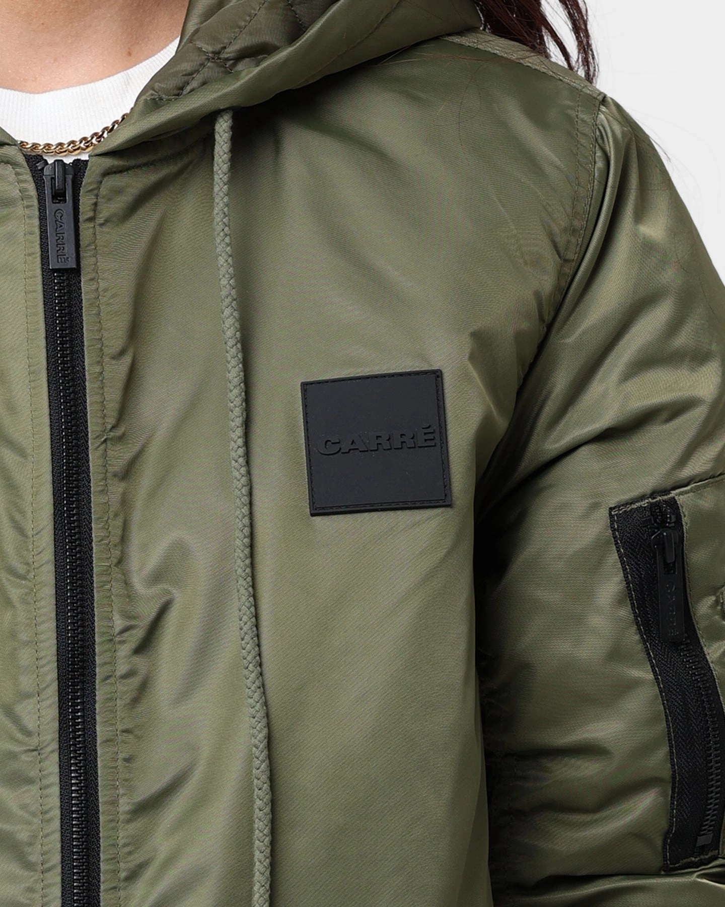 Carre Ultilitaire Hooded Bomber Jacket Khaki Green Bonded seams